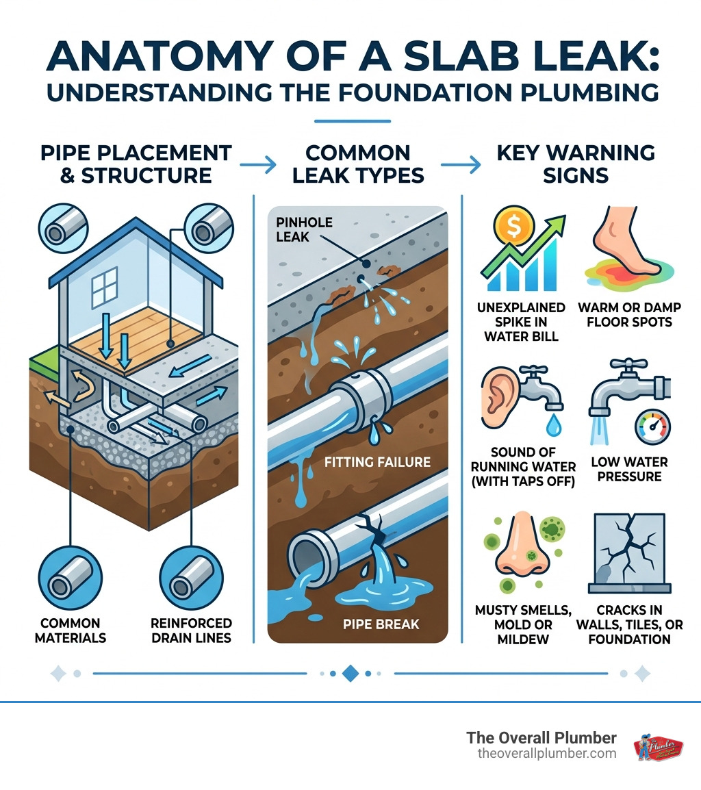 Infographic showing anatomy of a slab leak including pipe placement, leak types, and key warning signs - water leak under Infographic showing anatomy of a slab leak including pipe placement, leak types, and key warning signs - water leak under