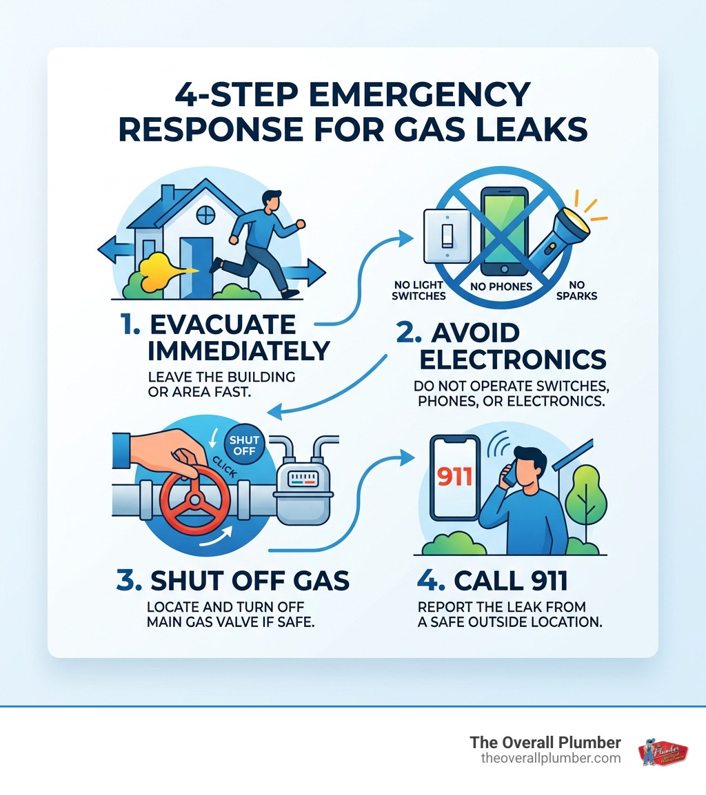 4-step emergency response infographic for gas leaks: evacuate, avoid electronics, shut off gas, call 911 - gas line repair