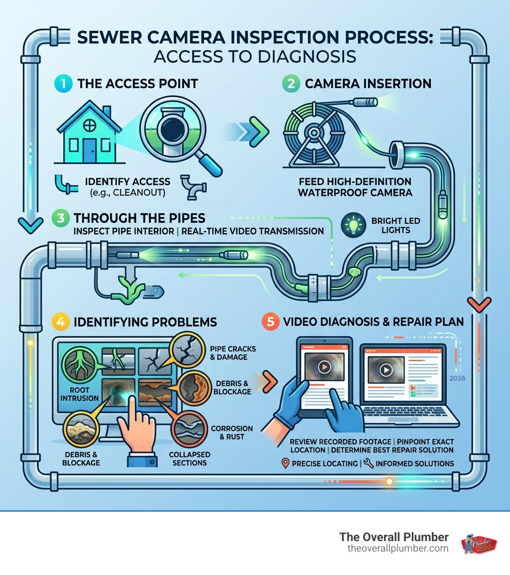 Infographic showing the sewer camera inspection process from access point to video diagnosis - drain camera inspection Infographic showing the sewer camera inspection process from access point to video diagnosis - drain camera inspection