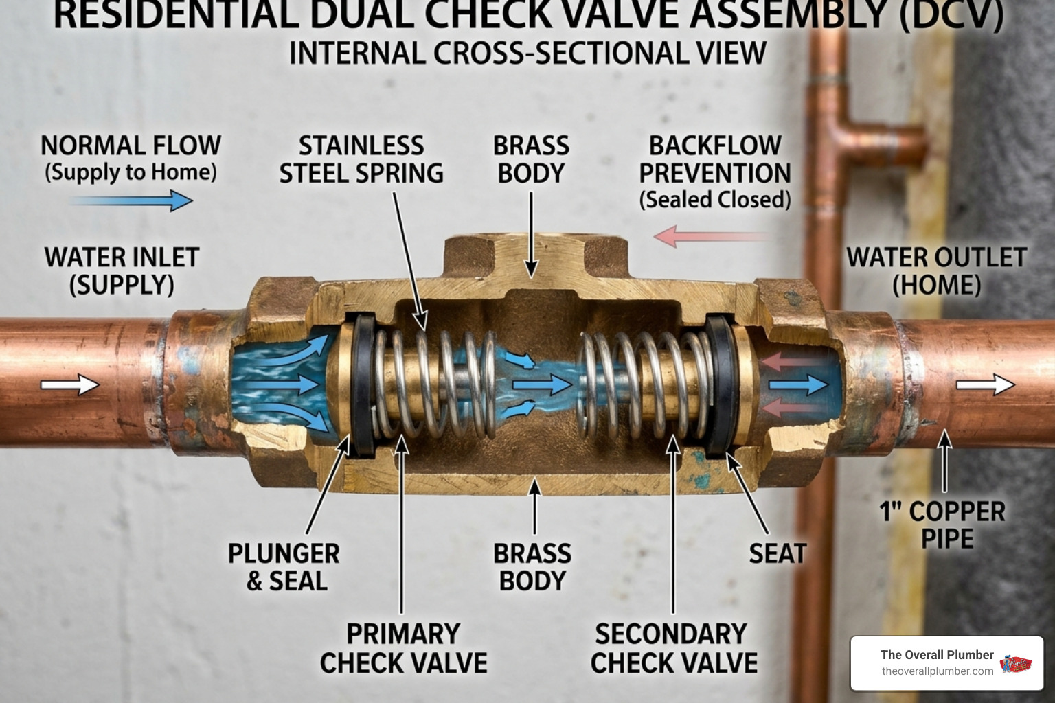 Mechanism of a residential dual check valve - backflow valve residential Mechanism of a residential dual check valve - backflow valve residential