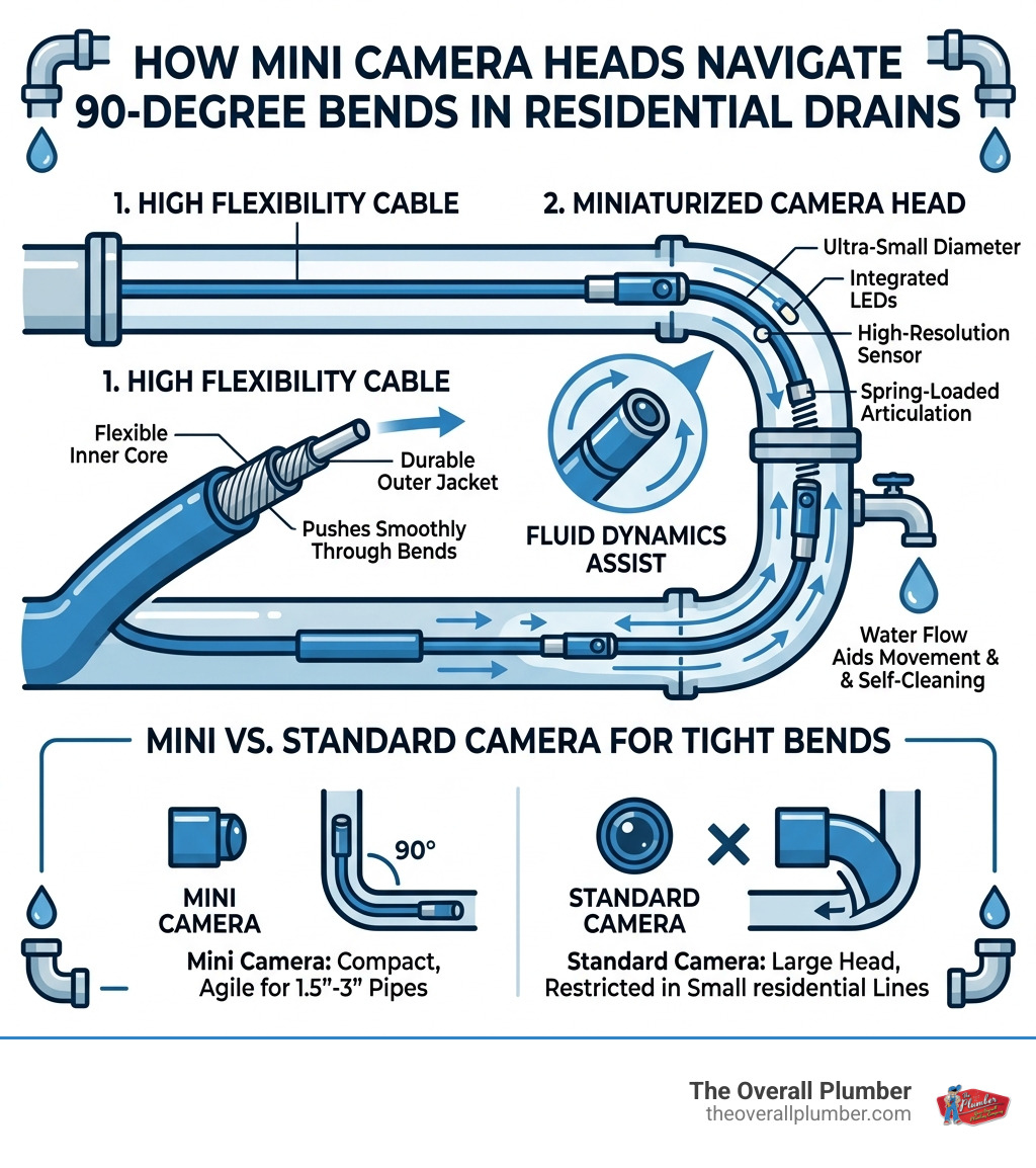 Infographic showing how mini camera heads navigate 90-degree pipe bends in residential drain systems - mini camera Infographic showing how mini camera heads navigate 90-degree pipe bends in residential drain systems - mini camera