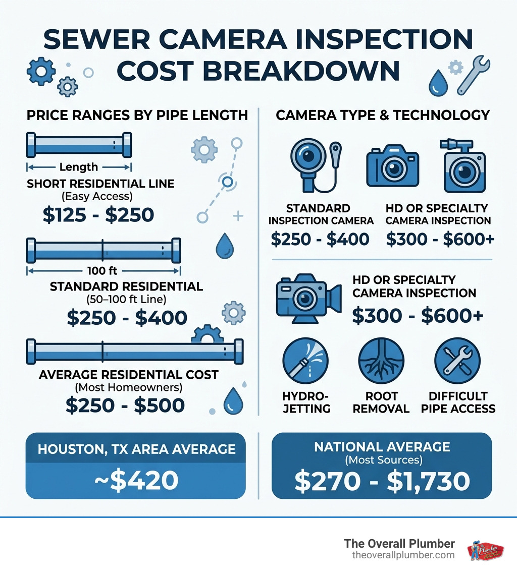 Sewer camera inspection cost breakdown infographic showing price ranges by pipe length, camera type, and add-on services Sewer camera inspection cost breakdown infographic showing price ranges by pipe length, camera type, and add-on services