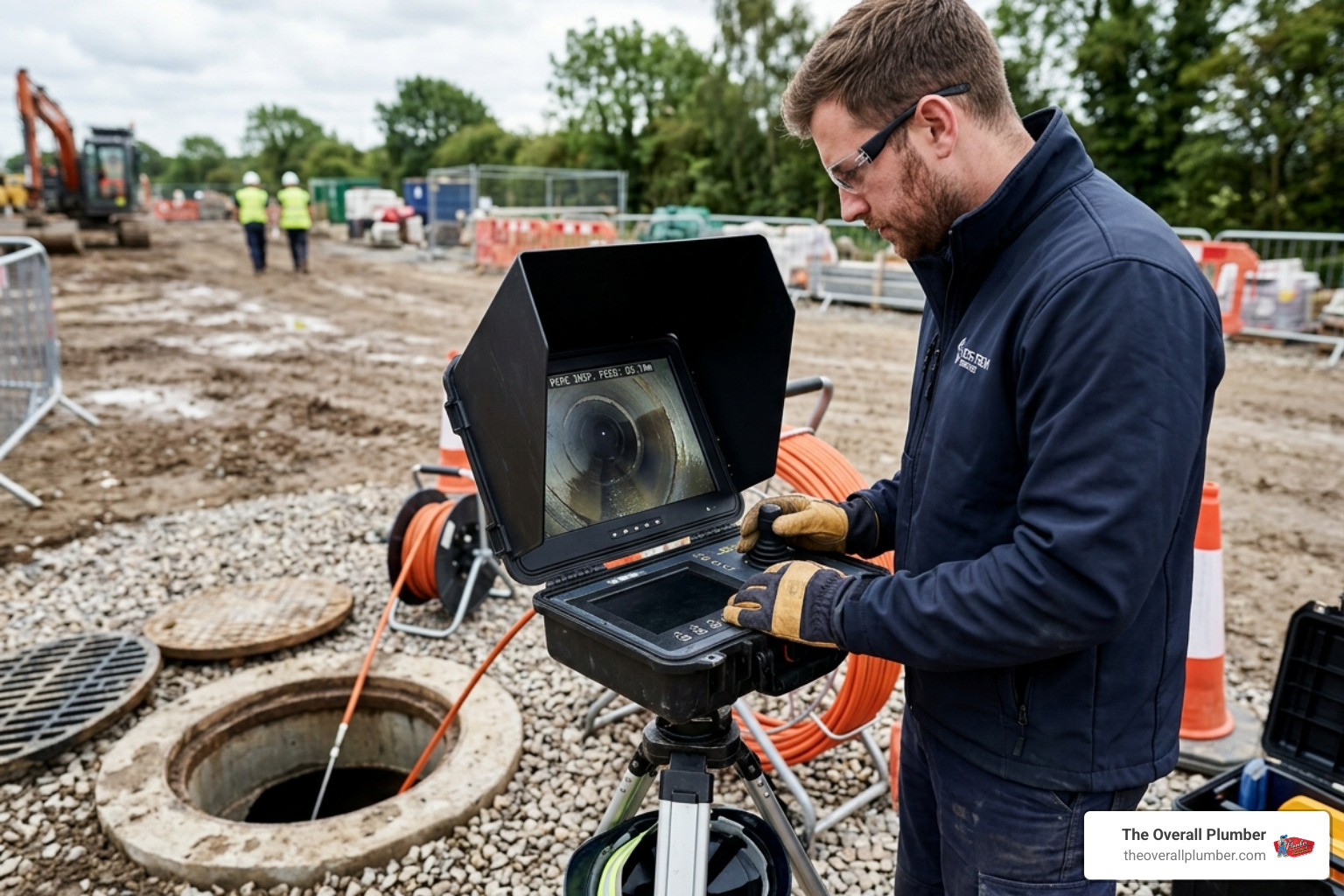Technician using a pipe camera monitor with a sun visor for outdoor inspection - camera to look in pipes Technician using a pipe camera monitor with a sun visor for outdoor inspection - camera to look in pipes