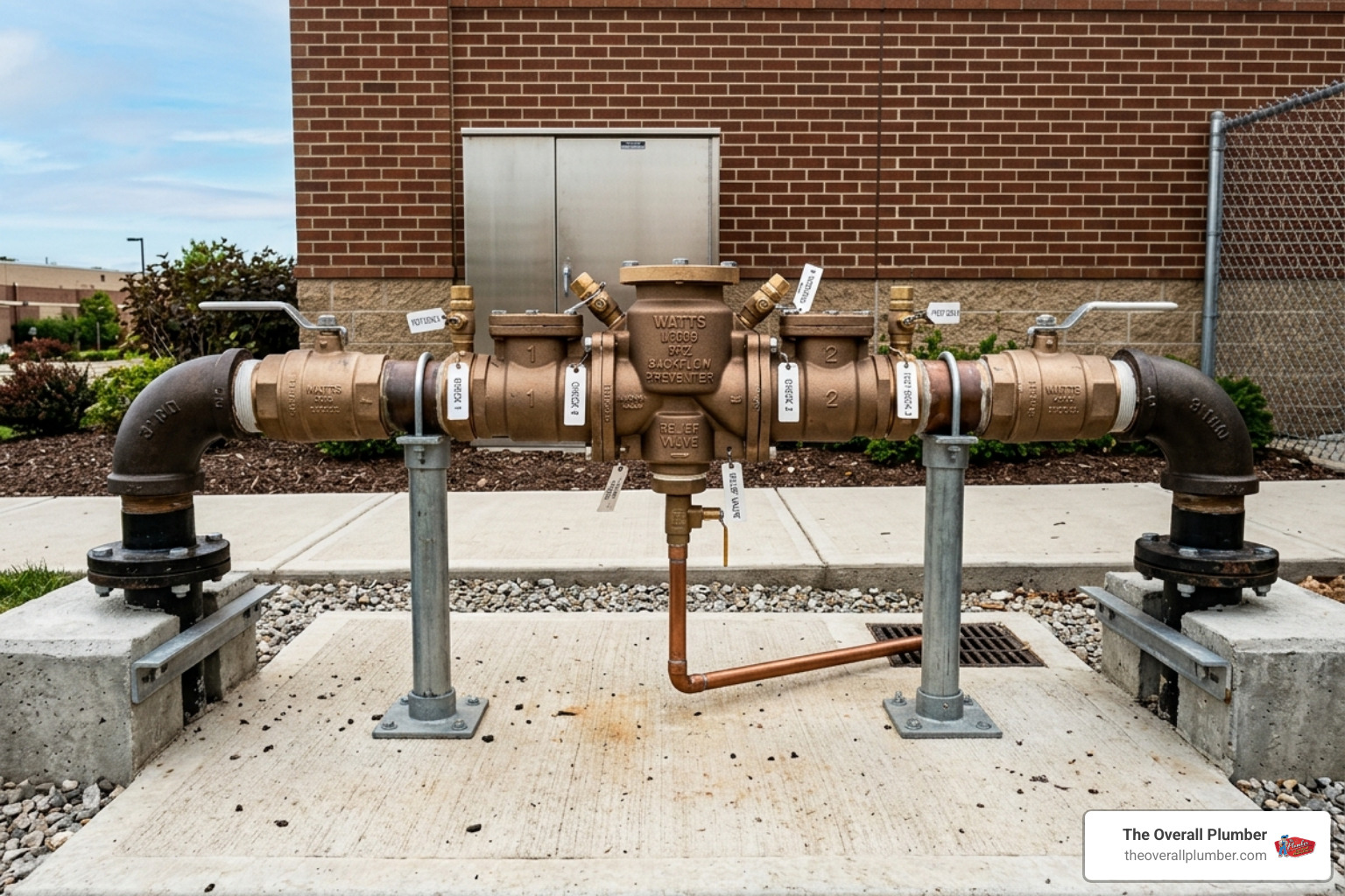 A high-quality Reduced Pressure Zone (RPZ) assembly installed on a commercial water line - back flow valves