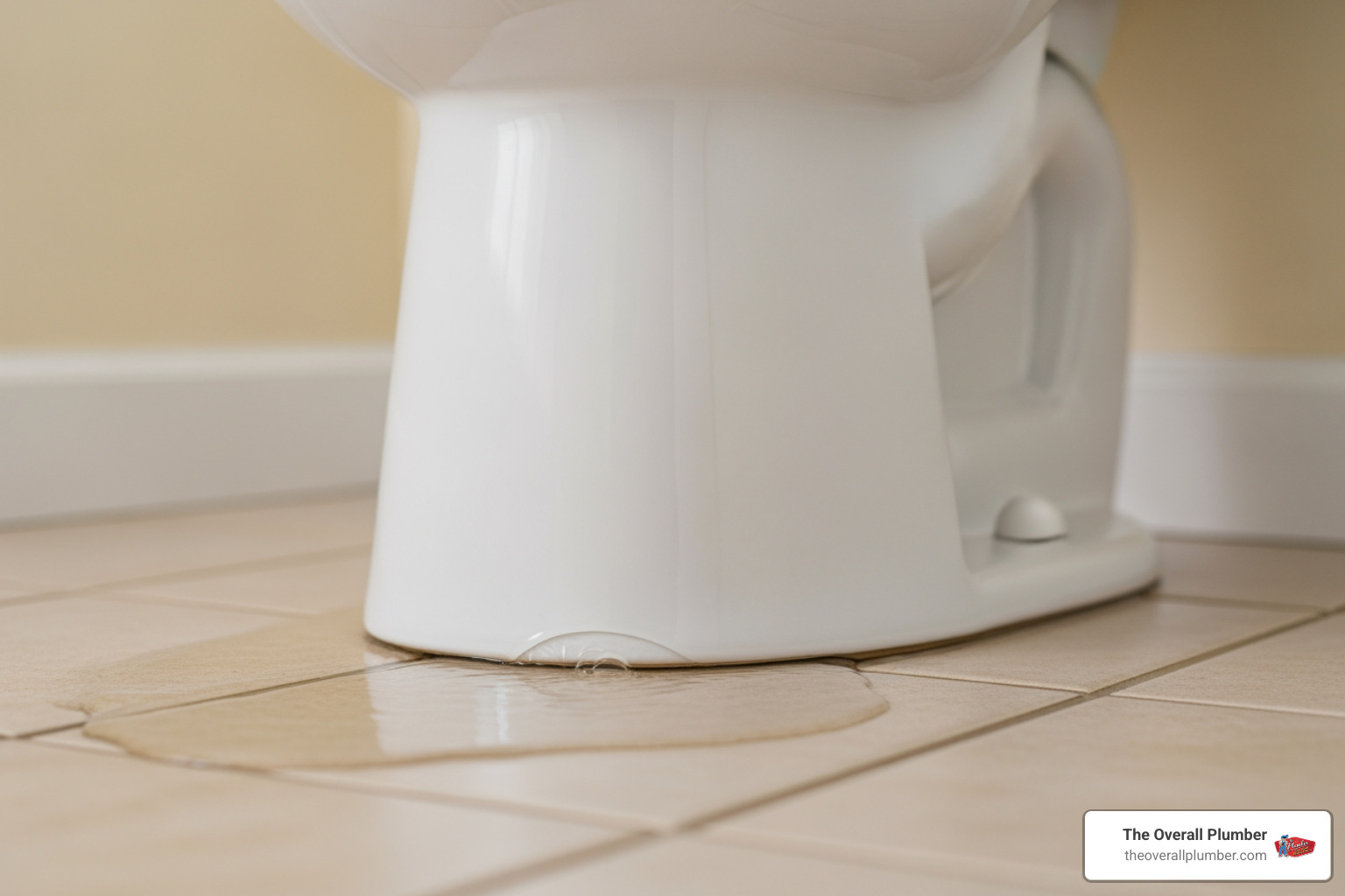 Water pooling at the base of a toilet indicating a failed seal Water pooling at the base of a toilet indicating a failed seal
