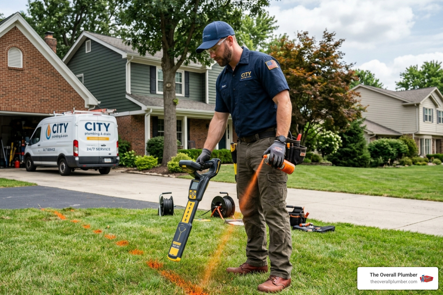 Professional plumber tracking a 512Hz sonde signal above ground to mark pipe location - camera locate sewer line Professional plumber tracking a 512Hz sonde signal above ground to mark pipe location - camera locate sewer line