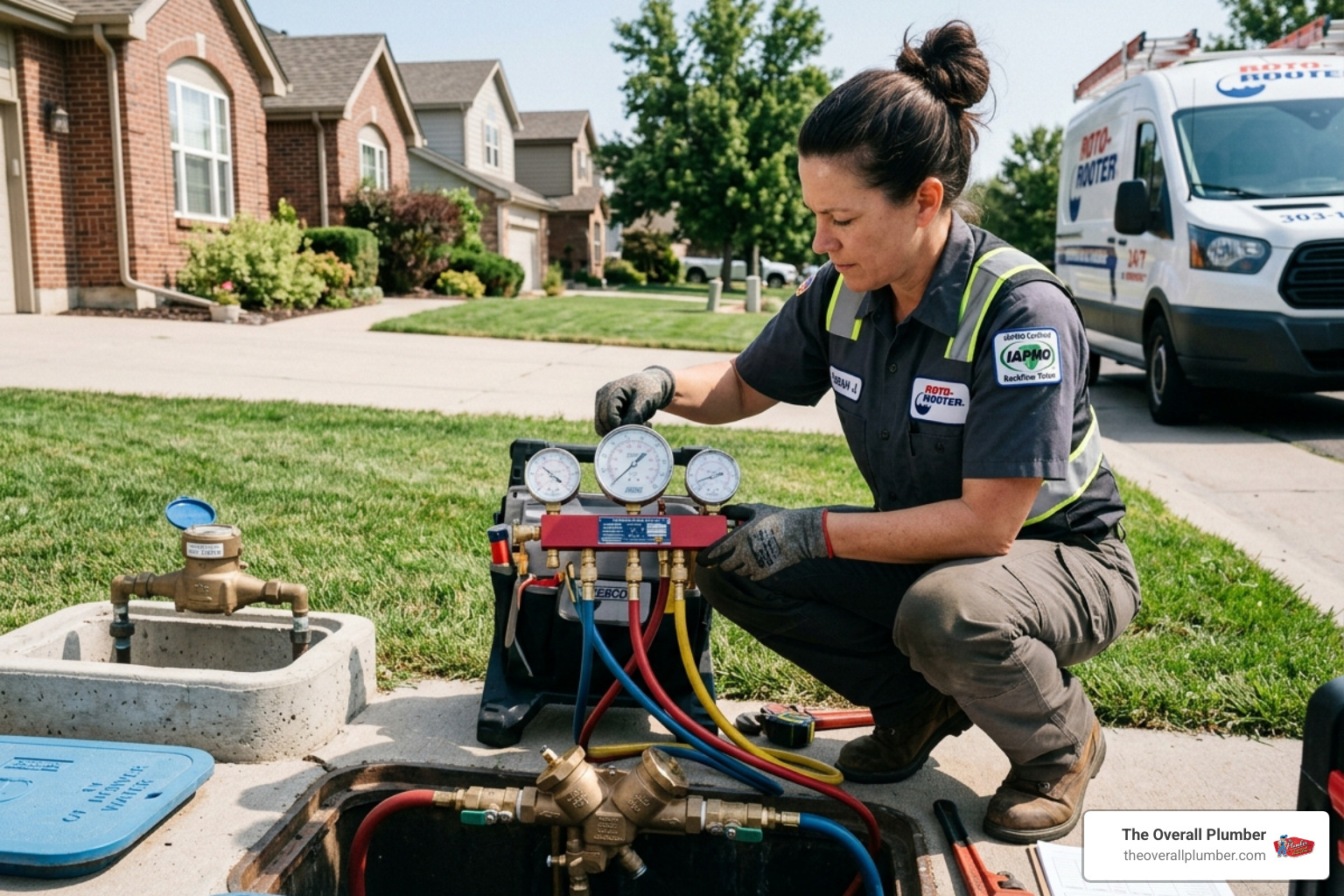 A certified plumber using a test kit to verify the pressure in a double check valve assembly - back flow valves