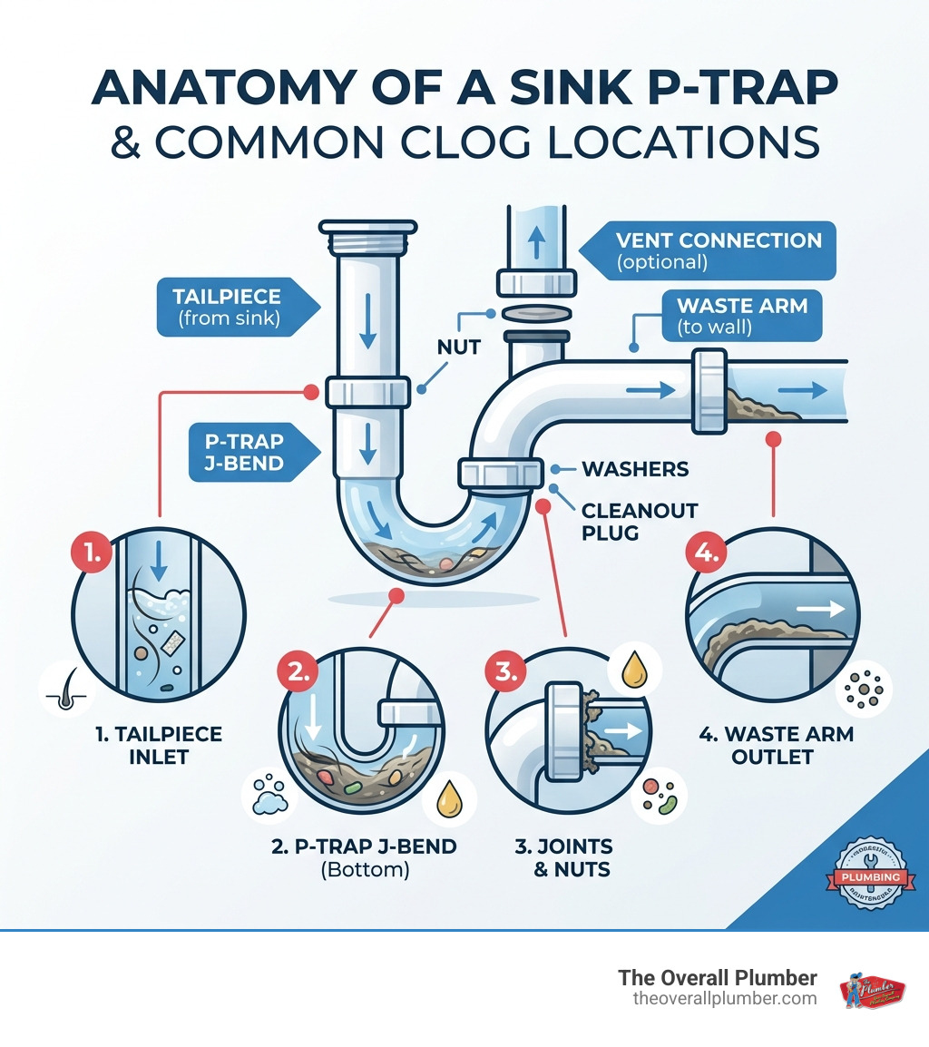 Anatomy of a sink P-trap and common clog locations infographic - sink drain cleaning infographic 