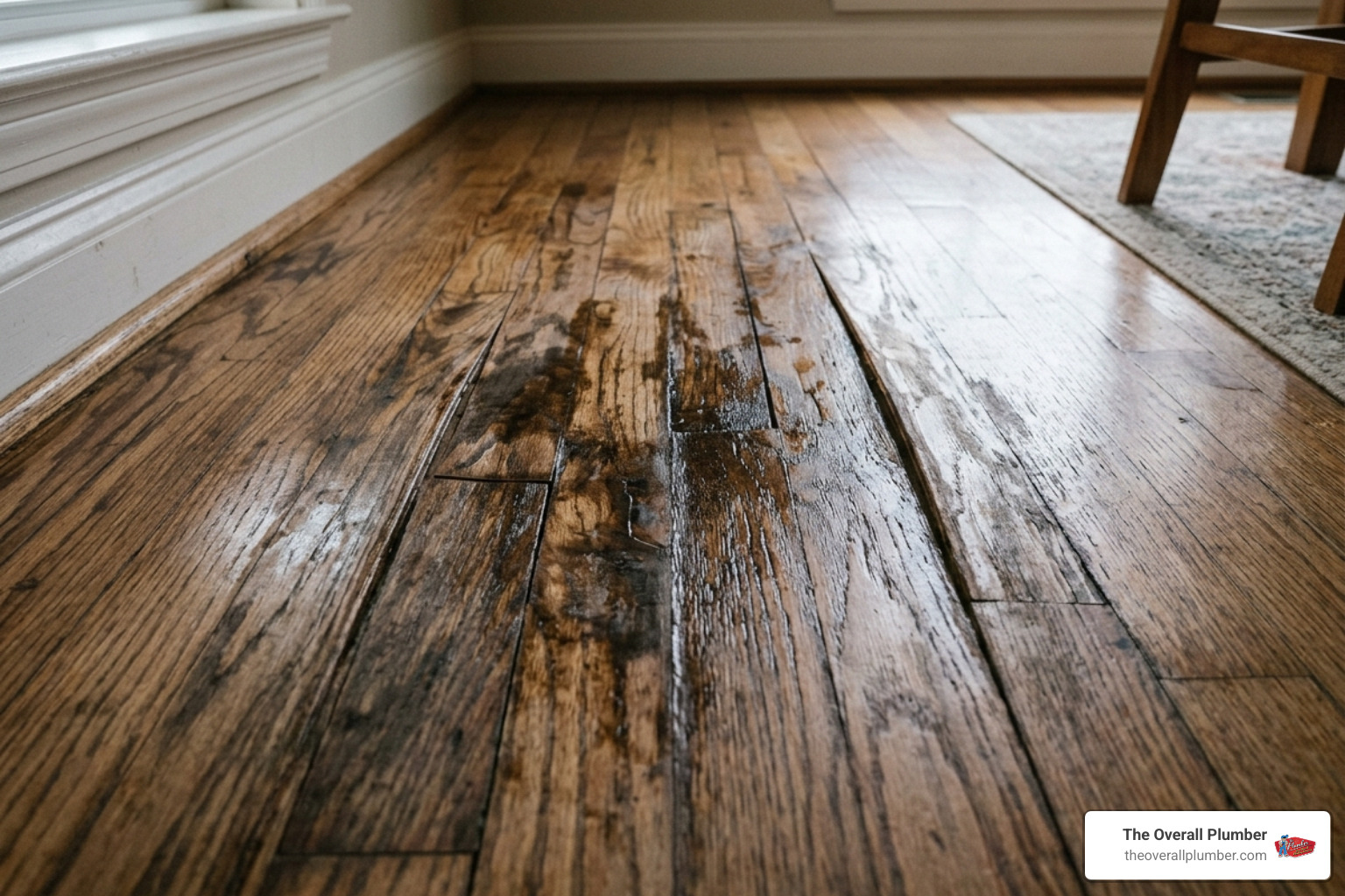 Damp spots and discoloration on a hardwood floor indicating a leak beneath the slab - water leak under concrete slab Damp spots and discoloration on a hardwood floor indicating a leak beneath the slab - water leak under concrete slab