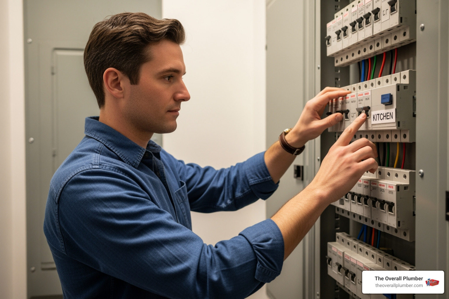 Homeowner turning off a circuit breaker to safely inspect a kitchen appliance Homeowner turning off a circuit breaker to safely inspect a kitchen appliance