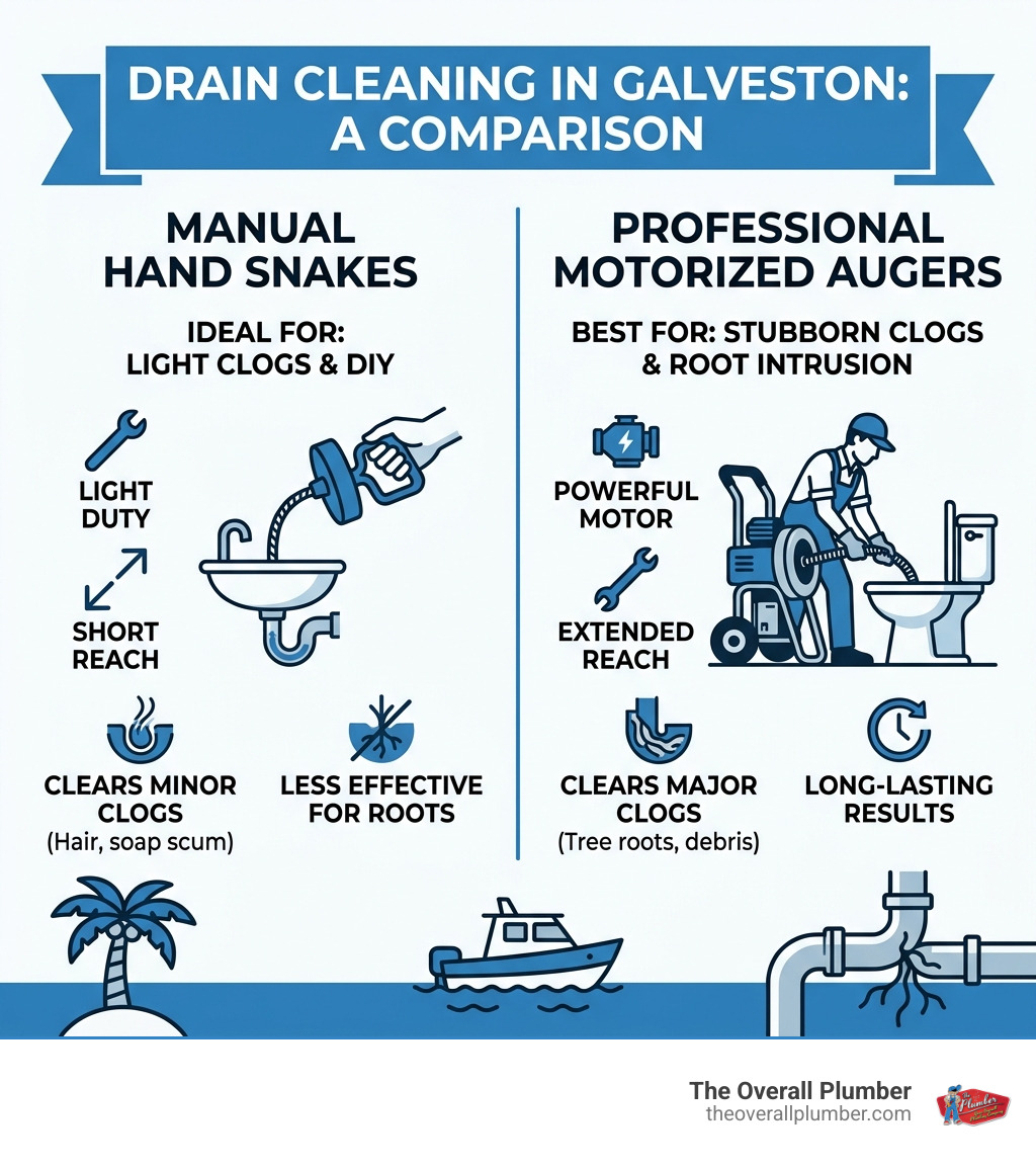 Infographic comparing manual hand snakes vs professional motorized augers for drain cleaning in Galveston - auger drain Infographic comparing manual hand snakes vs professional motorized augers for drain cleaning in Galveston - auger drain
