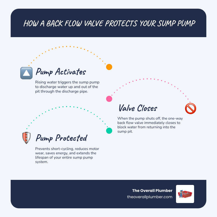 Infographic showing how a sump pump check valve stops water from flowing back into the pit infographic