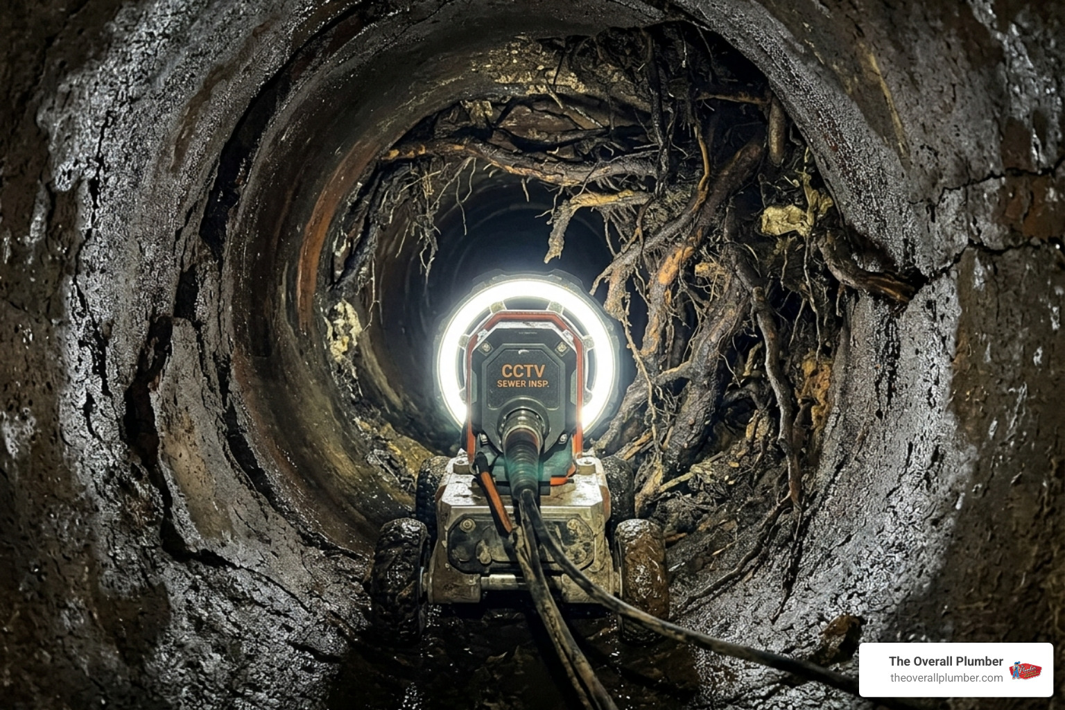 A high-tech sewer camera navigating through a dark, underground pipe to find blockages and cracks - trenchless sewer line A high-tech sewer camera navigating through a dark, underground pipe to find blockages and cracks - trenchless sewer line