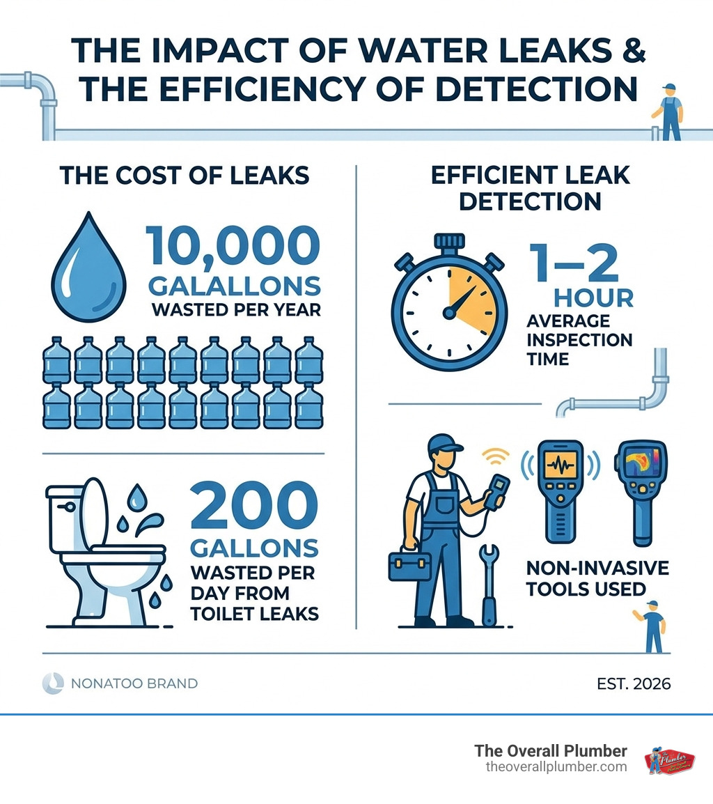 Infographic showing water leak impact: 10,000 gallons wasted per year, 200 gallons per day from toilet leaks, 1-2 hour
