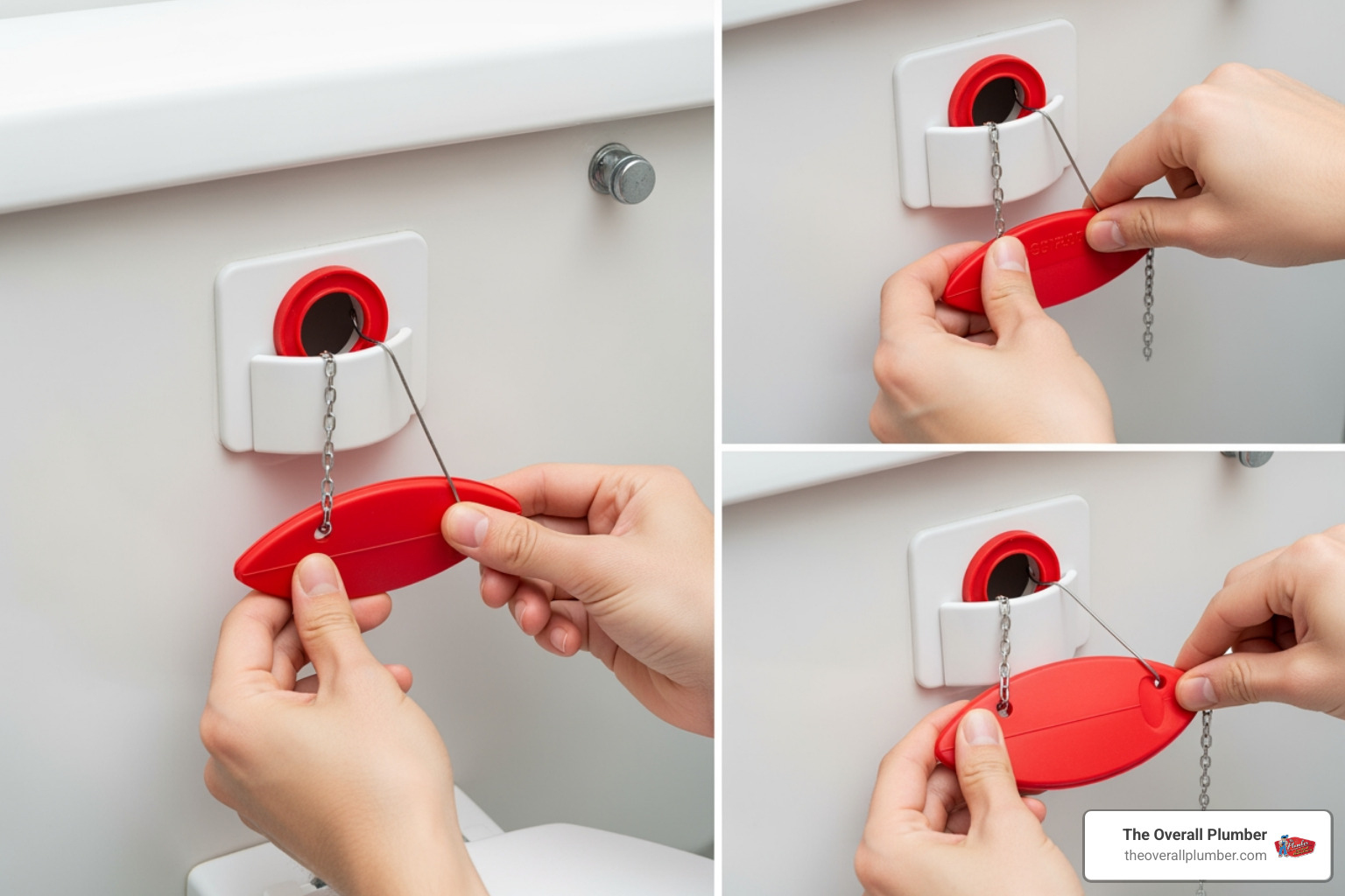 Step-by-step process of installing a new red rubber flapper in a clean toilet tank Step-by-step process of installing a new red rubber flapper in a clean toilet tank