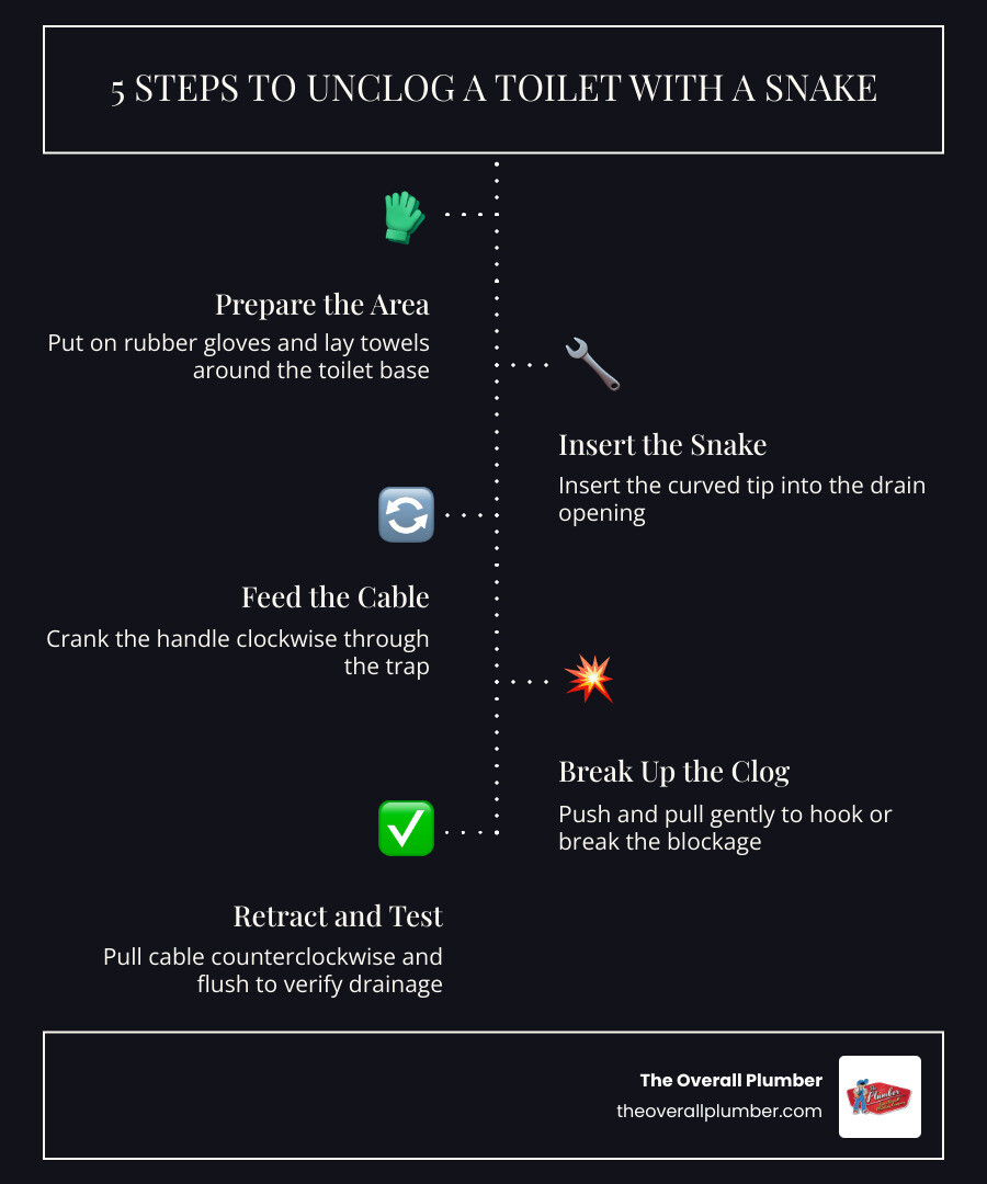 Infographic showing toilet S-trap anatomy, common clog locations, and 5-step snake process infographic Infographic showing toilet S-trap anatomy, common clog locations, and 5-step snake process infographic
