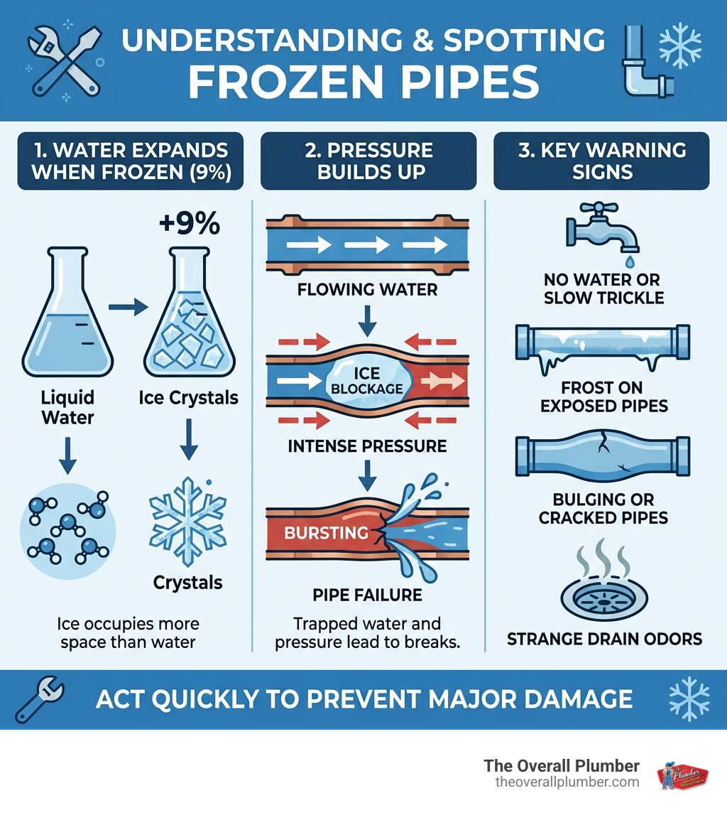 Infographic showing water expanding 9% when frozen, pressure buildup in pipes, and key frozen pipe warning signs - frozen