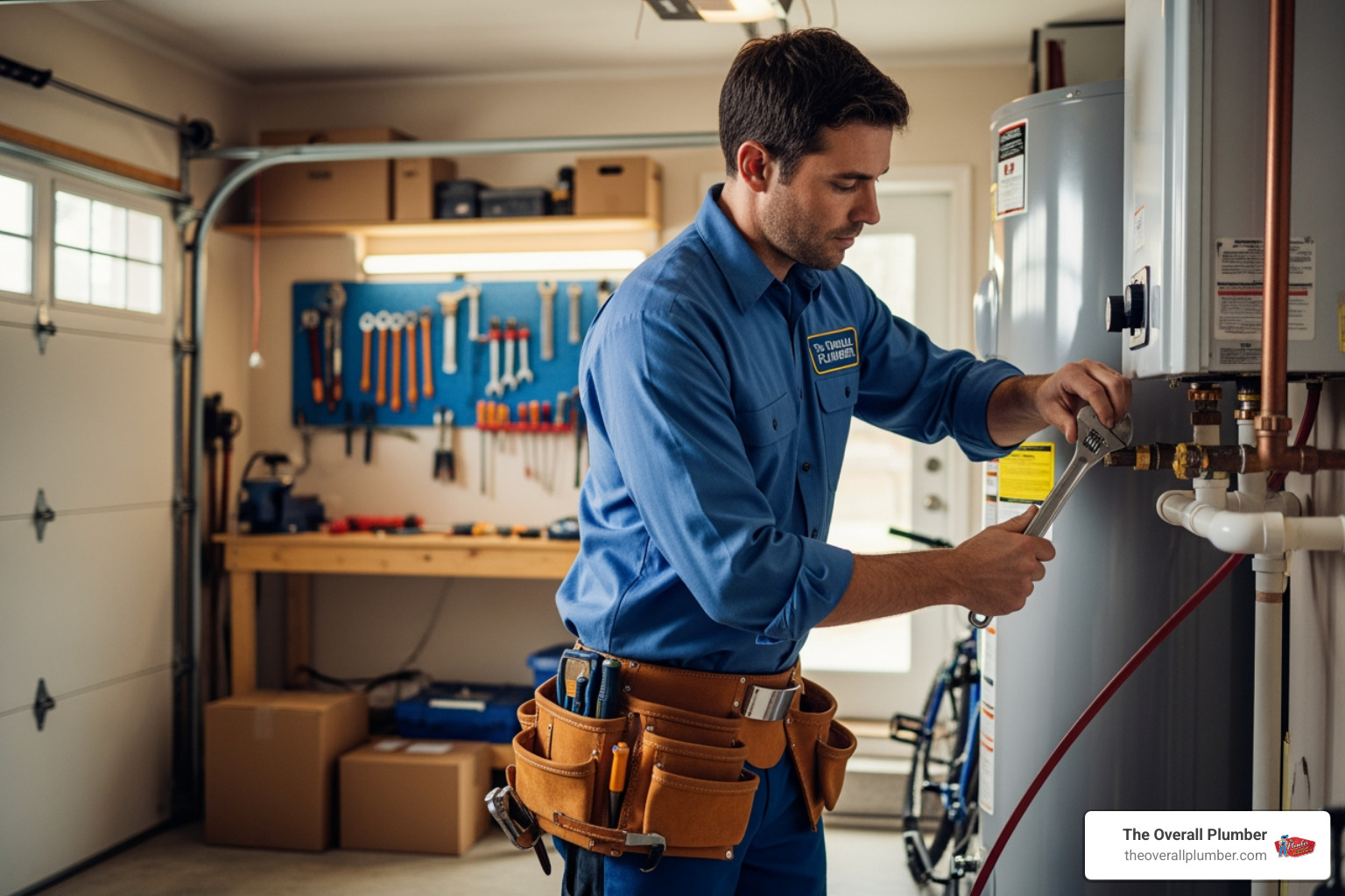 A professional plumber completing a water heater installation in a residential garage A professional plumber completing a water heater installation in a residential garage