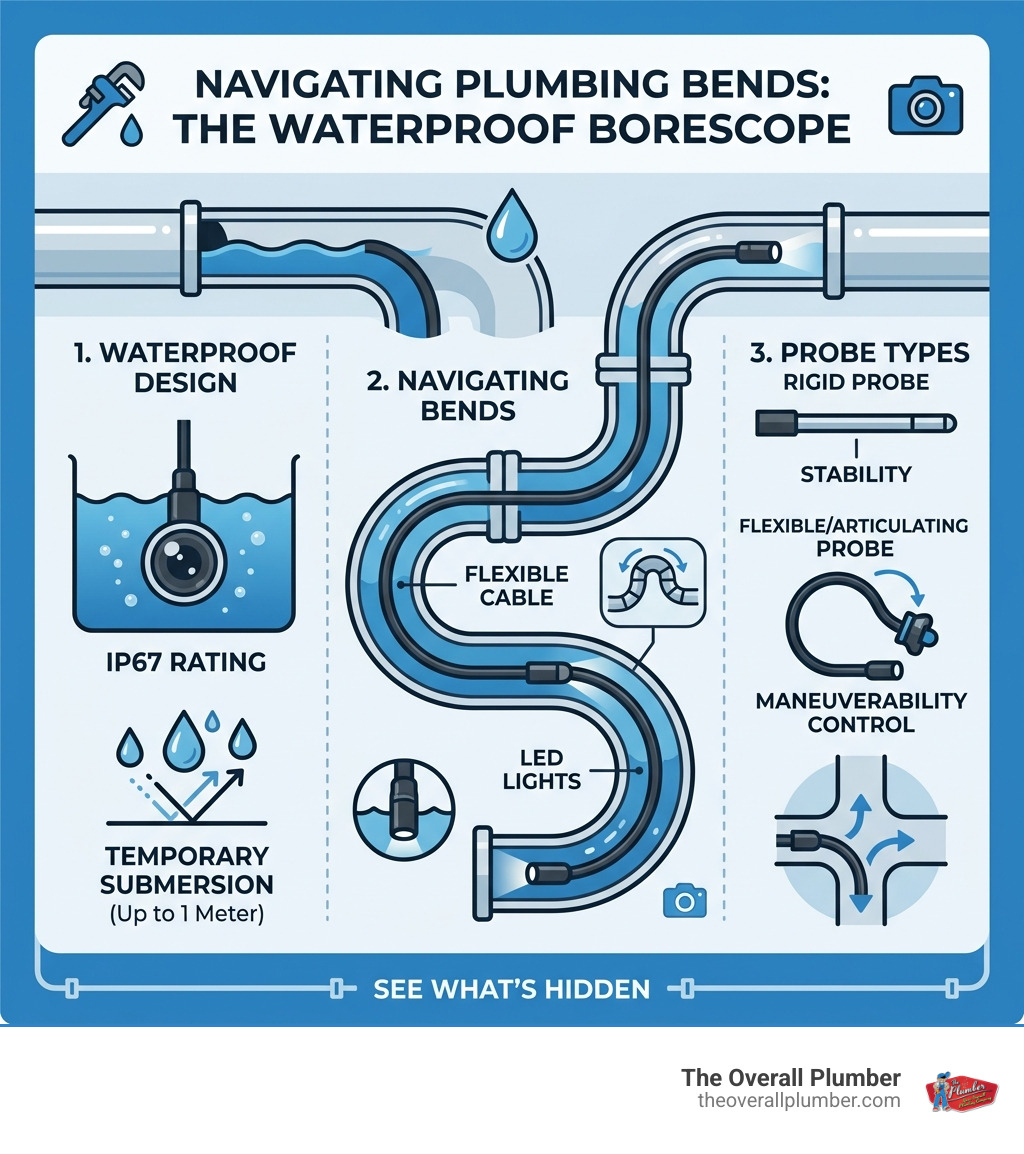 how a borescope navigates plumbing bends with IP67 rating and probe types - waterproof borescope camera infographic how a borescope navigates plumbing bends with IP67 rating and probe types - waterproof borescope camera infographic