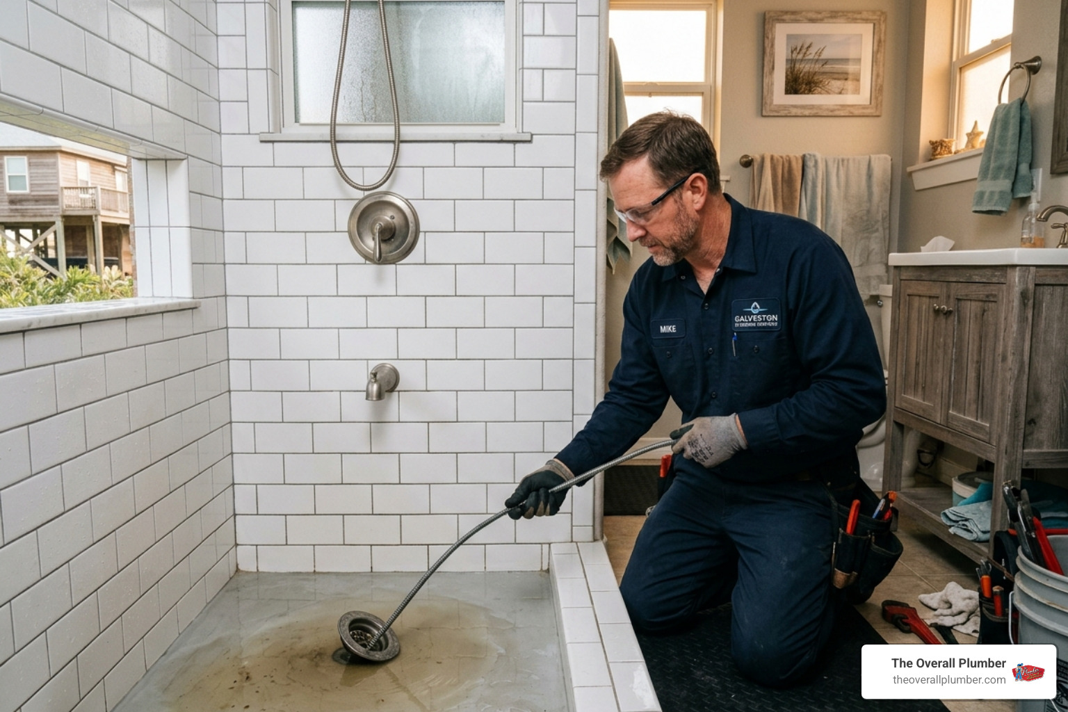 Professional plumber inspecting a slow-moving bathroom drain in a Galveston home - auger drain cleaning galveston Professional plumber inspecting a slow-moving bathroom drain in a Galveston home - auger drain cleaning galveston