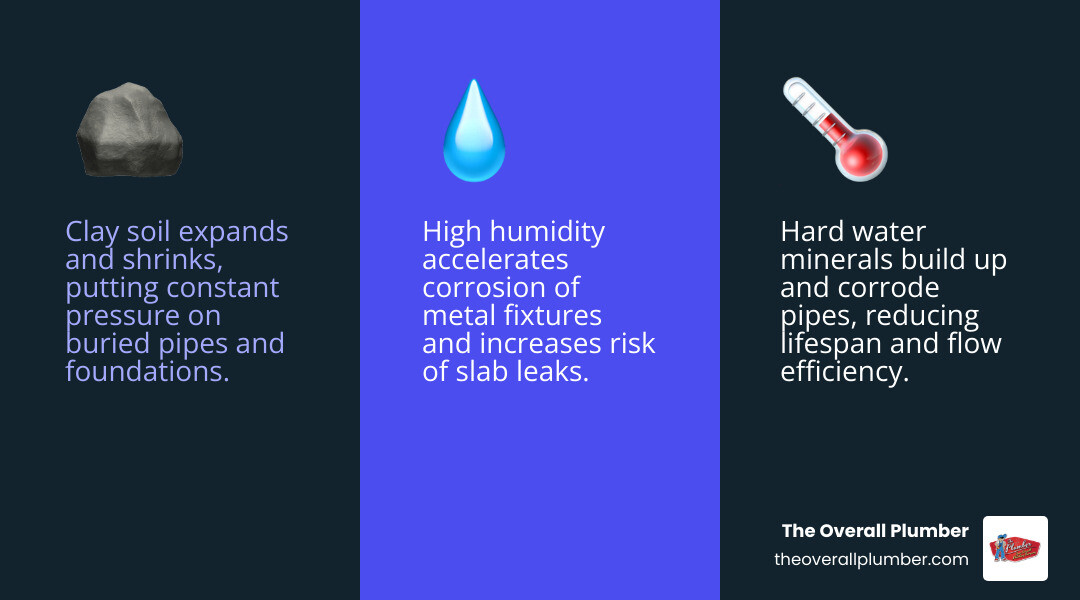 Common Houston plumbing failure points infographic showing clay soil, hard water, slab leaks, and aging pipes infographic Common Houston plumbing failure points infographic showing clay soil, hard water, slab leaks, and aging pipes infographic