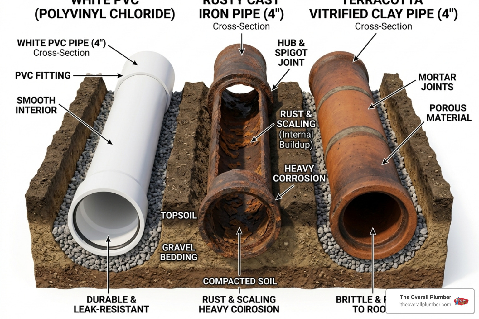 Diagram showing different sewer pipe materials including PVC, cast iron, and clay - locate sewer line in yard Diagram showing different sewer pipe materials including PVC, cast iron, and clay - locate sewer line in yard