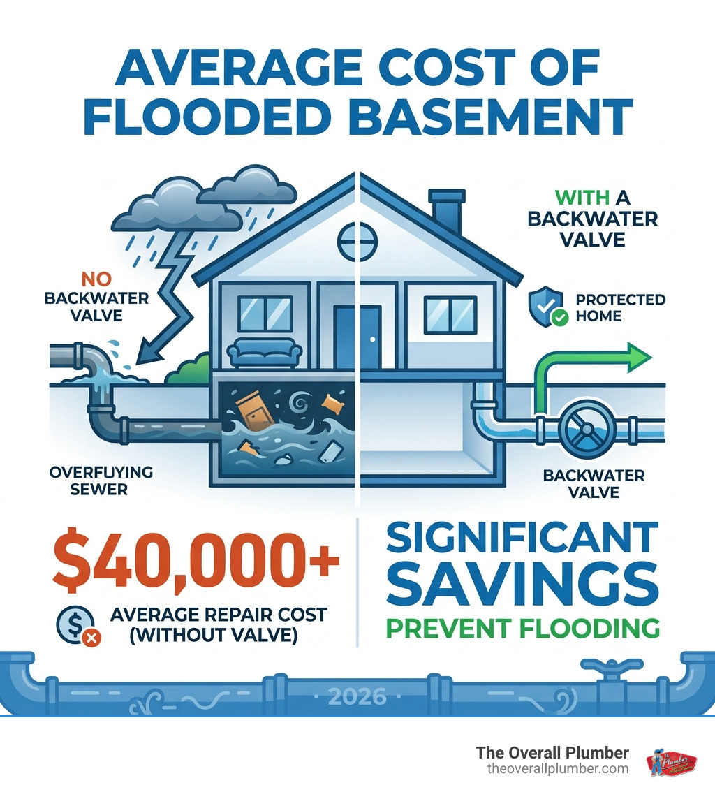 Stat showing that the average cost to repair a flooded basement is over $40,000 without a backwater valve - back flow valves