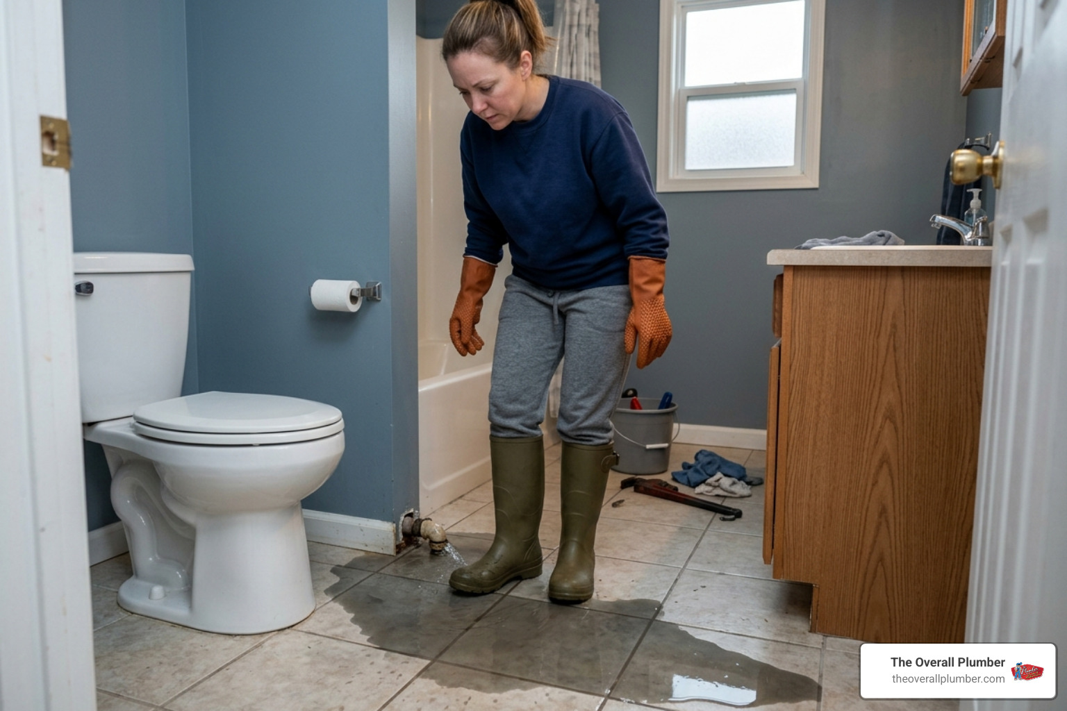 Homeowner wearing protective rubber boots and gloves near a plumbing leak - sewer backup cleaning league Homeowner wearing protective rubber boots and gloves near a plumbing leak - sewer backup cleaning league