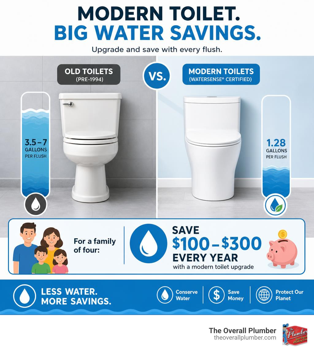 Infographic showing water savings from modern toilet replacement vs old toilets infographic Infographic showing water savings from modern toilet replacement vs old toilets infographic
