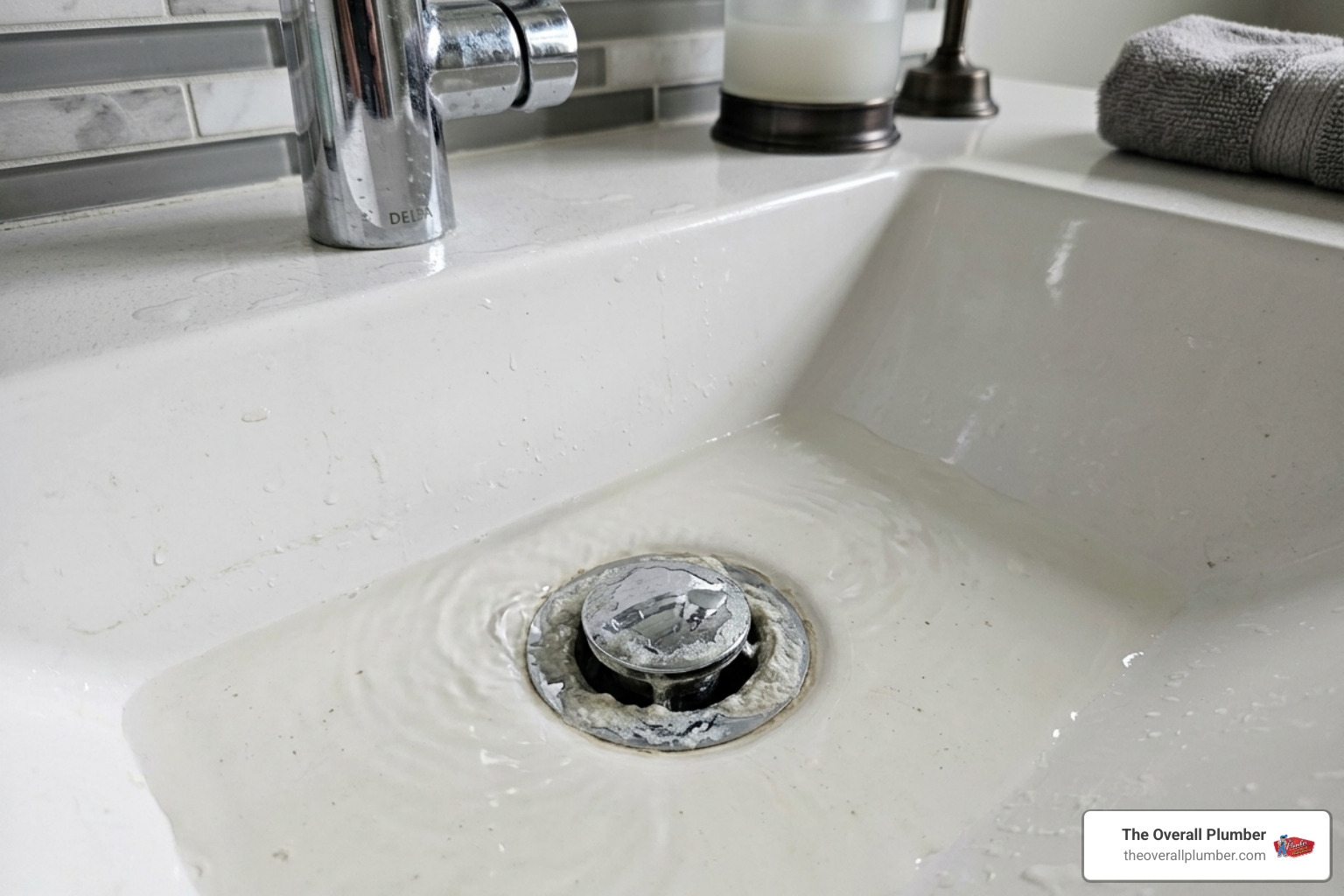 Slow-draining bathroom sink with soap scum buildup - sink drain cleaning