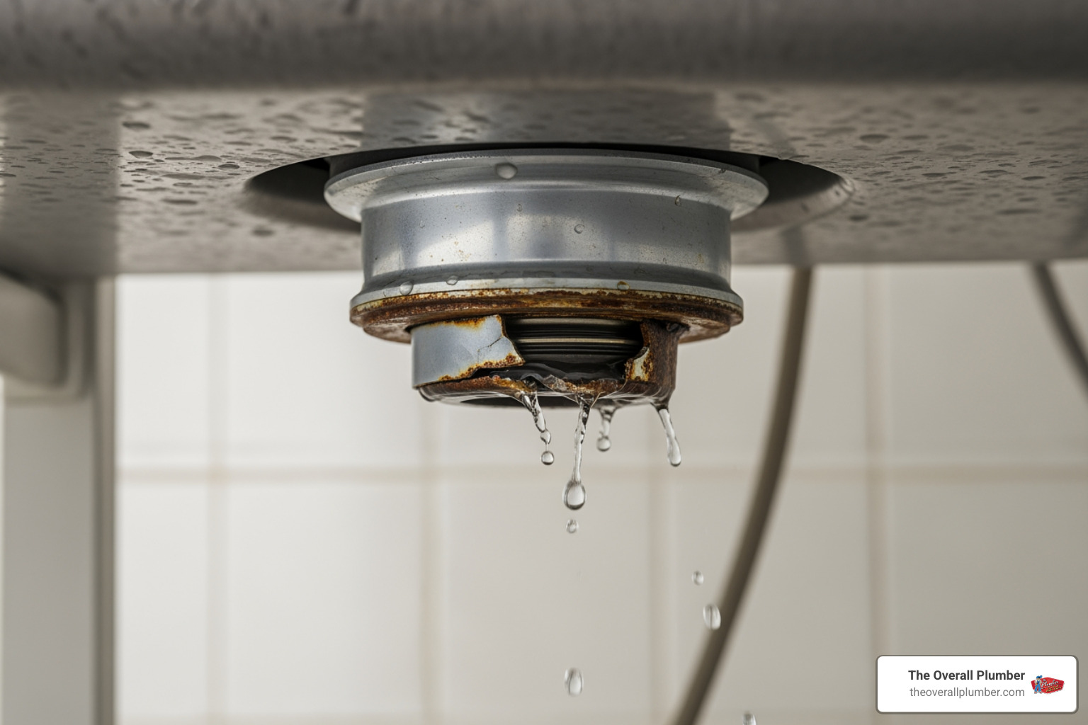 A cracked garbage disposal body showing signs of internal seal failure and water damage A cracked garbage disposal body showing signs of internal seal failure and water damage