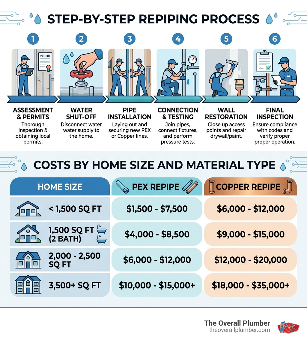 Step-by-step repiping process infographic with costs by home size and material type - average cost to repipe a house Step-by-step repiping process infographic with costs by home size and material type - average cost to repipe a house
