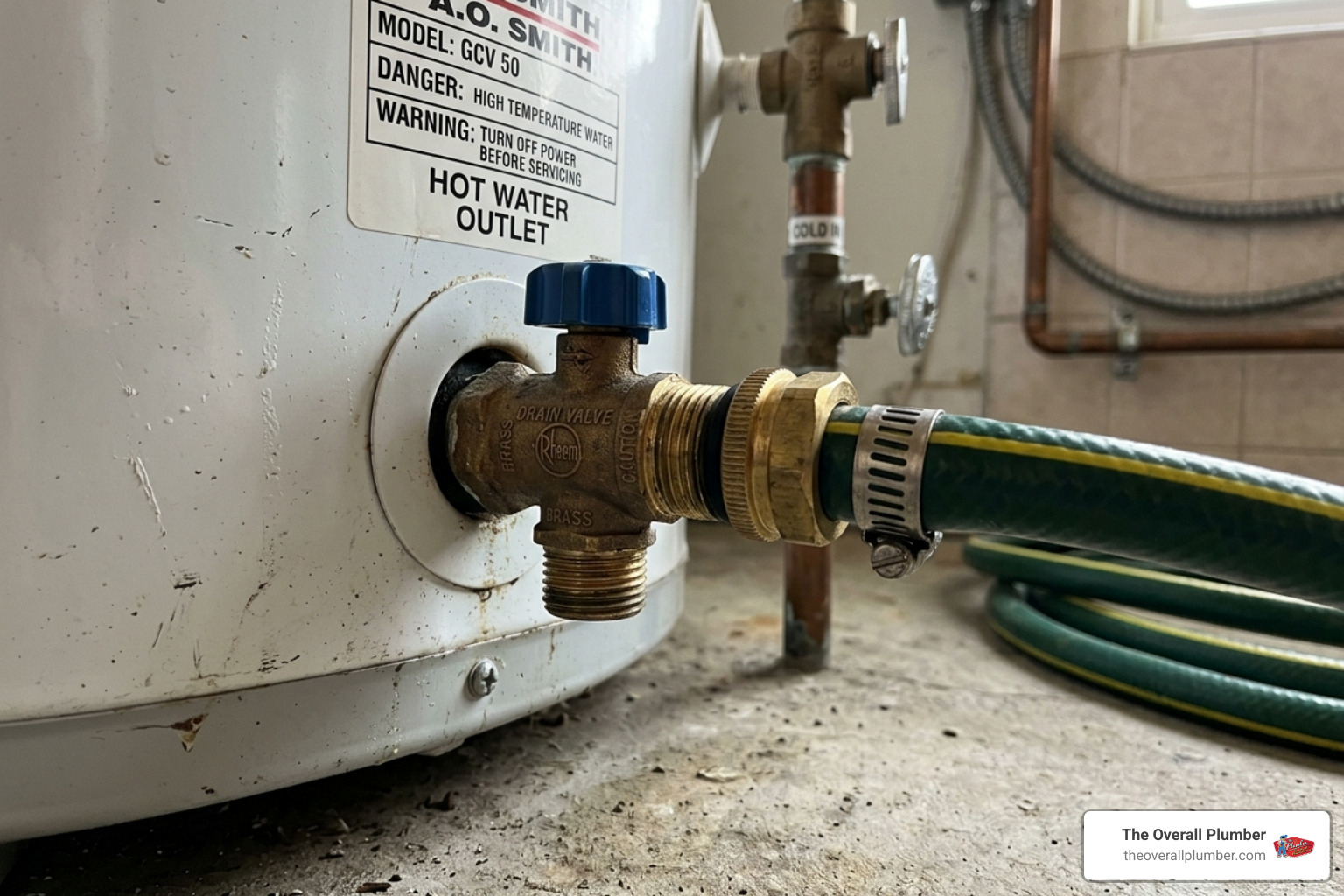A garden hose securely connected to a brass water heater drain valve - drain hot water tank A garden hose securely connected to a brass water heater drain valve - drain hot water tank