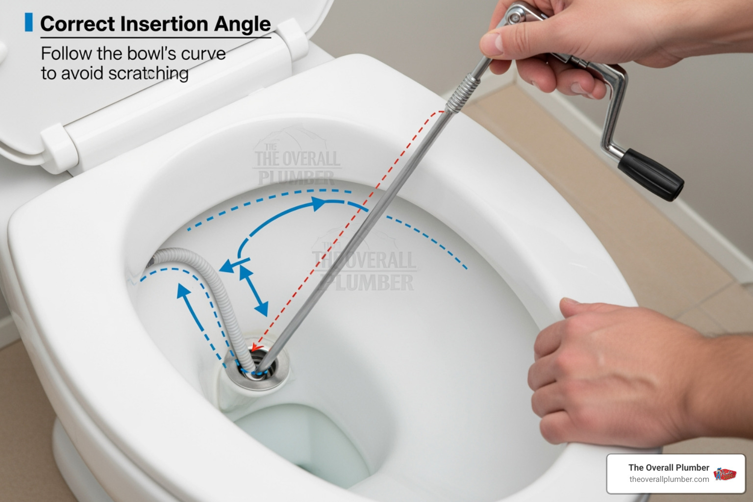 Diagram showing the correct angle to insert a closet auger into the toilet throat Diagram showing the correct angle to insert a closet auger into the toilet throat