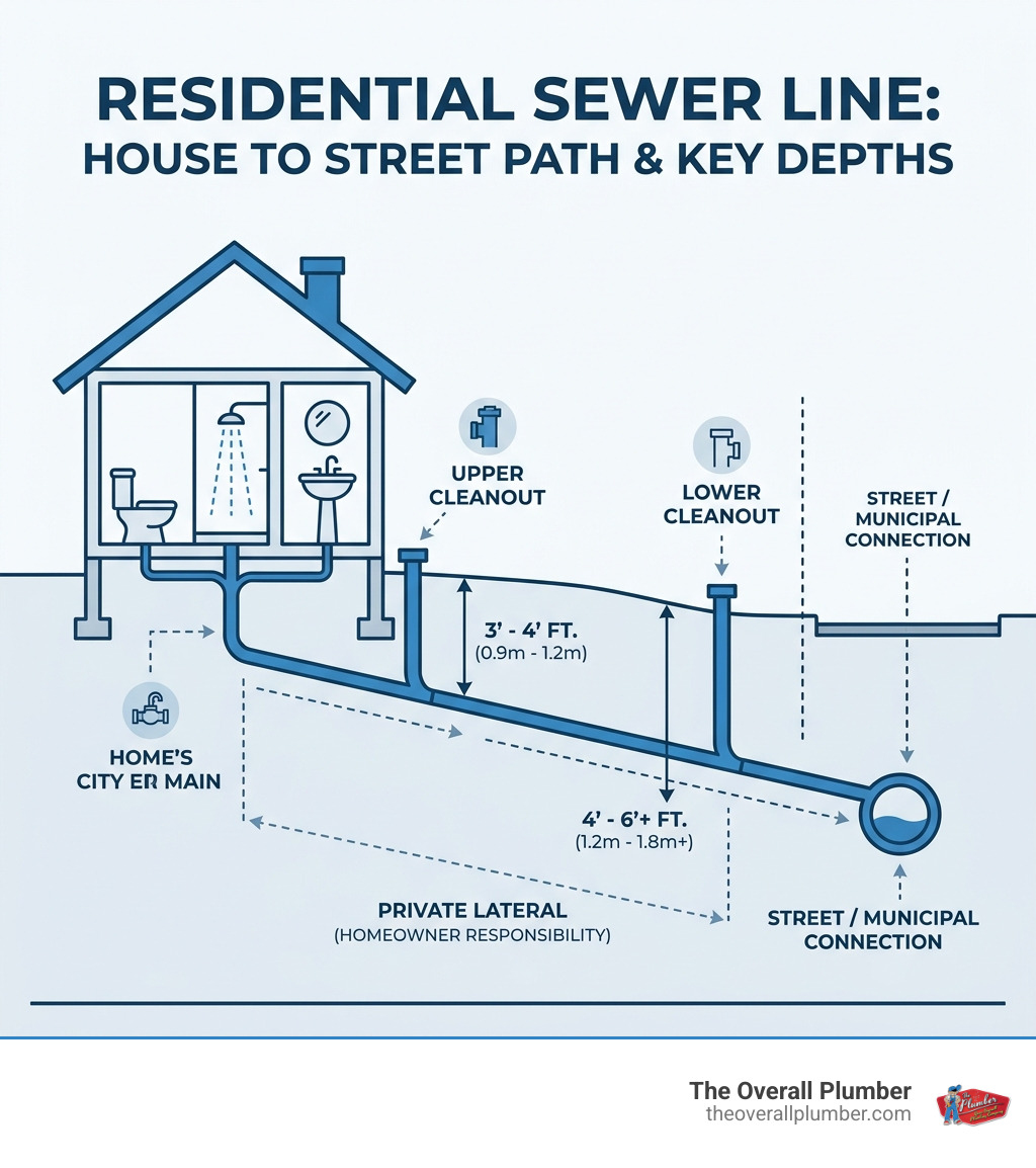 Infographic showing the path of a residential sewer line from house fixtures to the street, with cleanout locations and Infographic showing the path of a residential sewer line from house fixtures to the street, with cleanout locations and