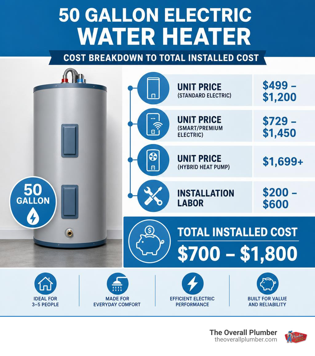 Infographic showing cost breakdown of a 50 gallon electric water heater from unit price to total installed cost infographic