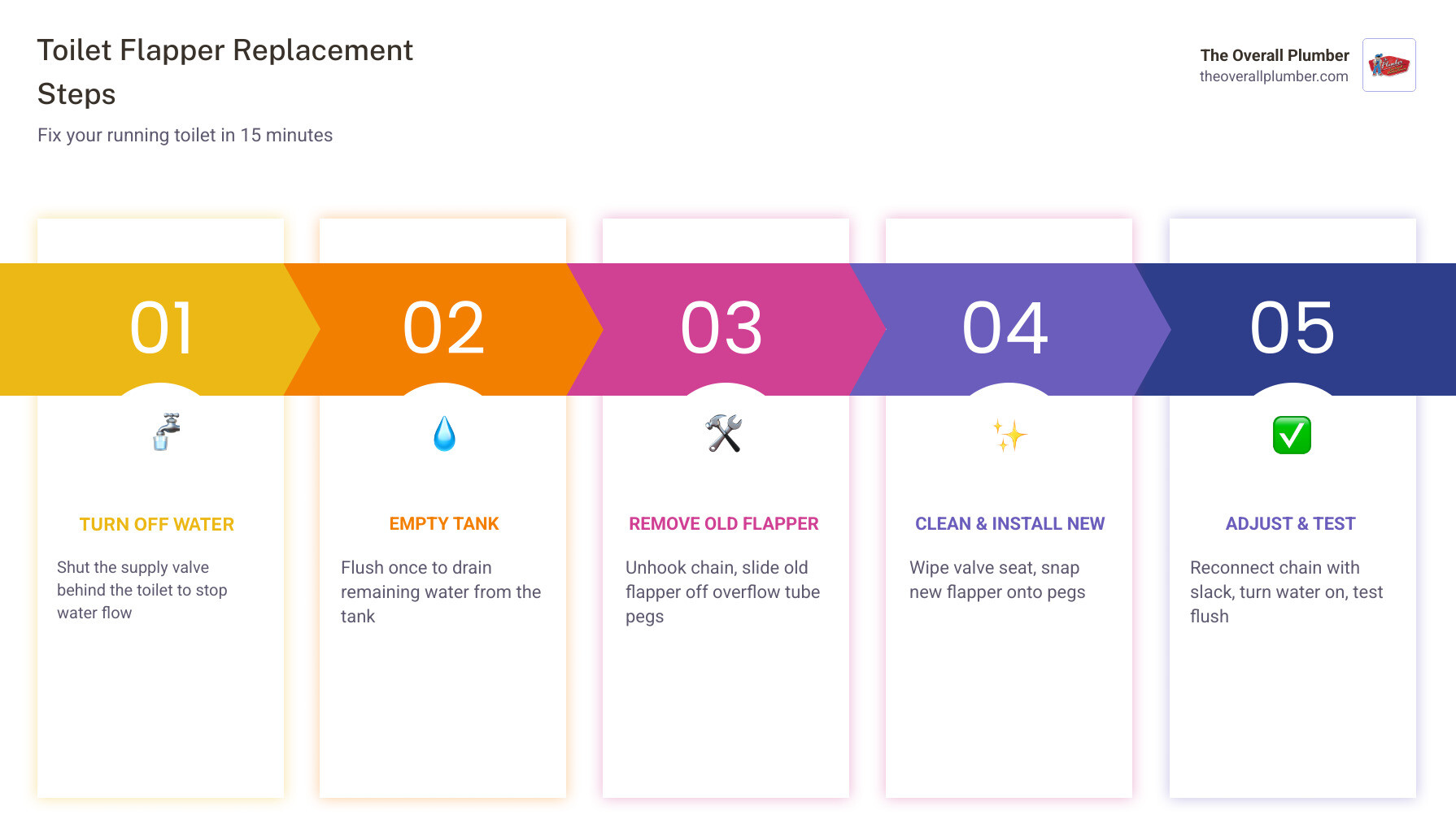 Infographic showing how a toilet flapper works, signs of failure, and 8 replacement steps infographic Infographic showing how a toilet flapper works, signs of failure, and 8 replacement steps infographic