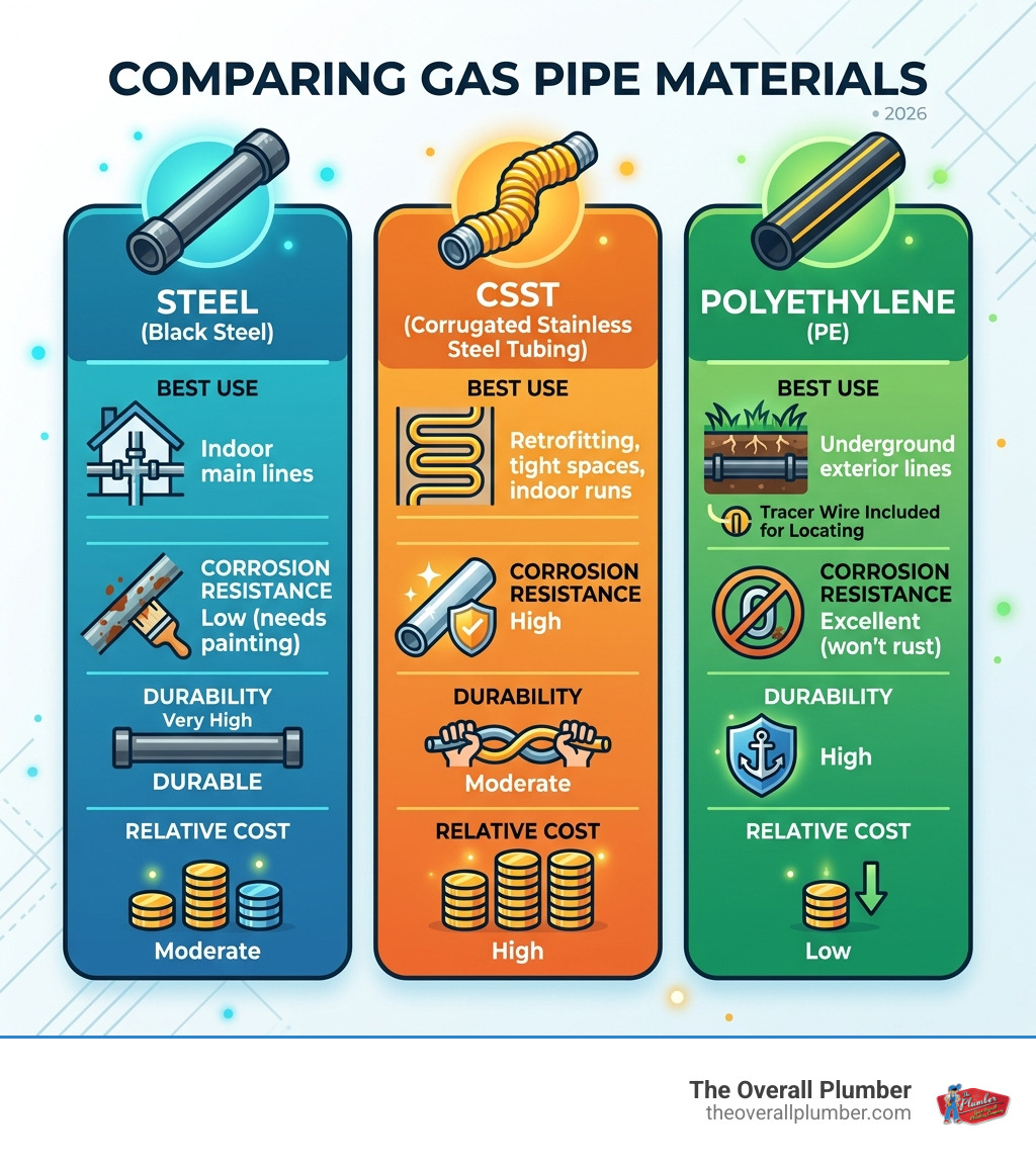 Infographic comparing gas pipe materials: steel, CSST, and polyethylene - gas line repair infographic 