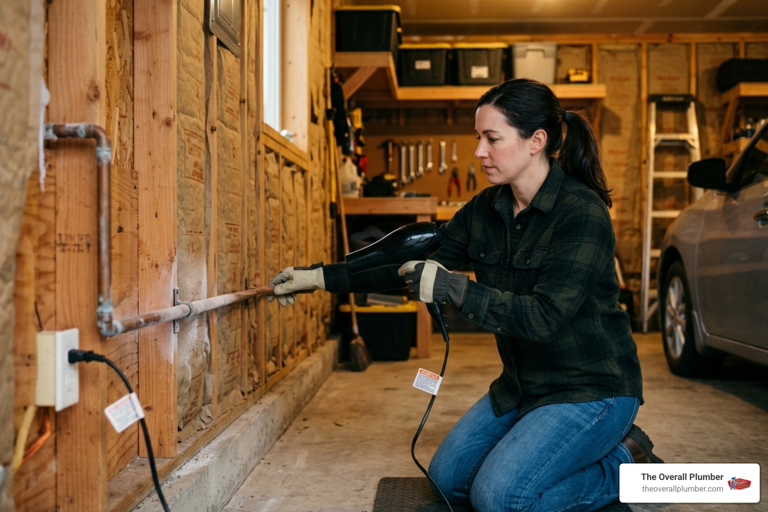 homeowner safely using a hair dryer on a pipe - frozen pipe plumber