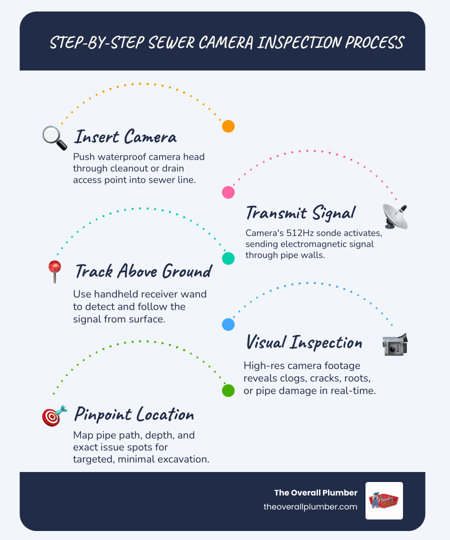Step-by-step sewer camera inspection process infographic showing camera insertion, signal transmission, and pipe location Step-by-step sewer camera inspection process infographic showing camera insertion, signal transmission, and pipe location