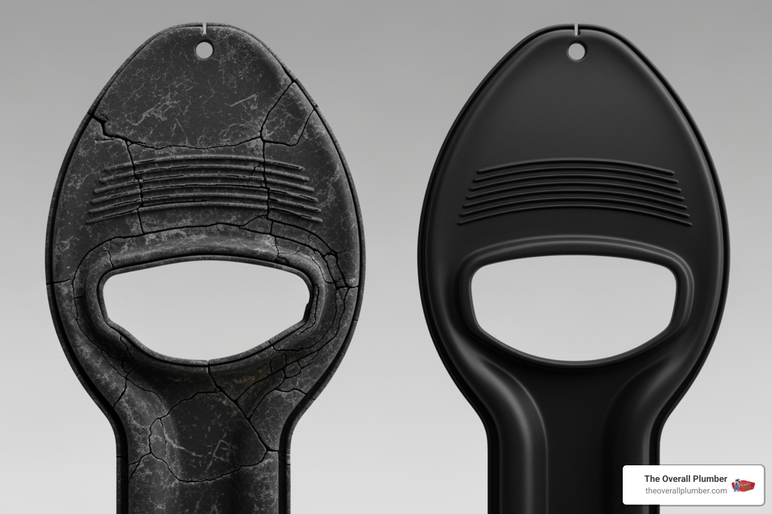 A warped and decayed rubber flapper next to a clean new one A warped and decayed rubber flapper next to a clean new one