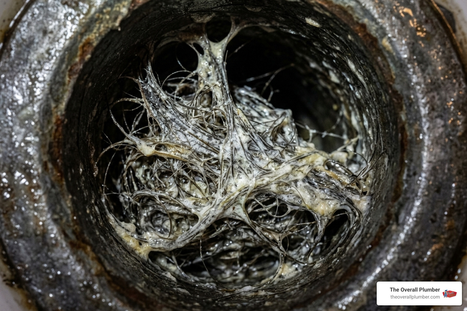 Close up of hair and soap scum buildup in a bathroom drain - clogging of drainage Close up of hair and soap scum buildup in a bathroom drain - clogging of drainage