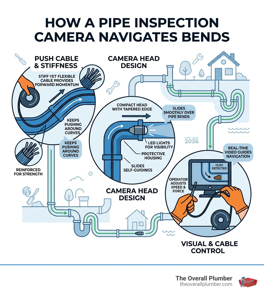 How a pipe inspection camera navigates bends in residential plumbing systems - camera to look in pipes infographic How a pipe inspection camera navigates bends in residential plumbing systems - camera to look in pipes infographic