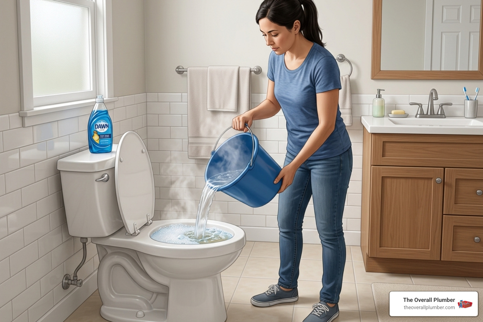illustration of pouring dish soap and hot water into a toilet bowl - will a toilet unclog itself overnight
