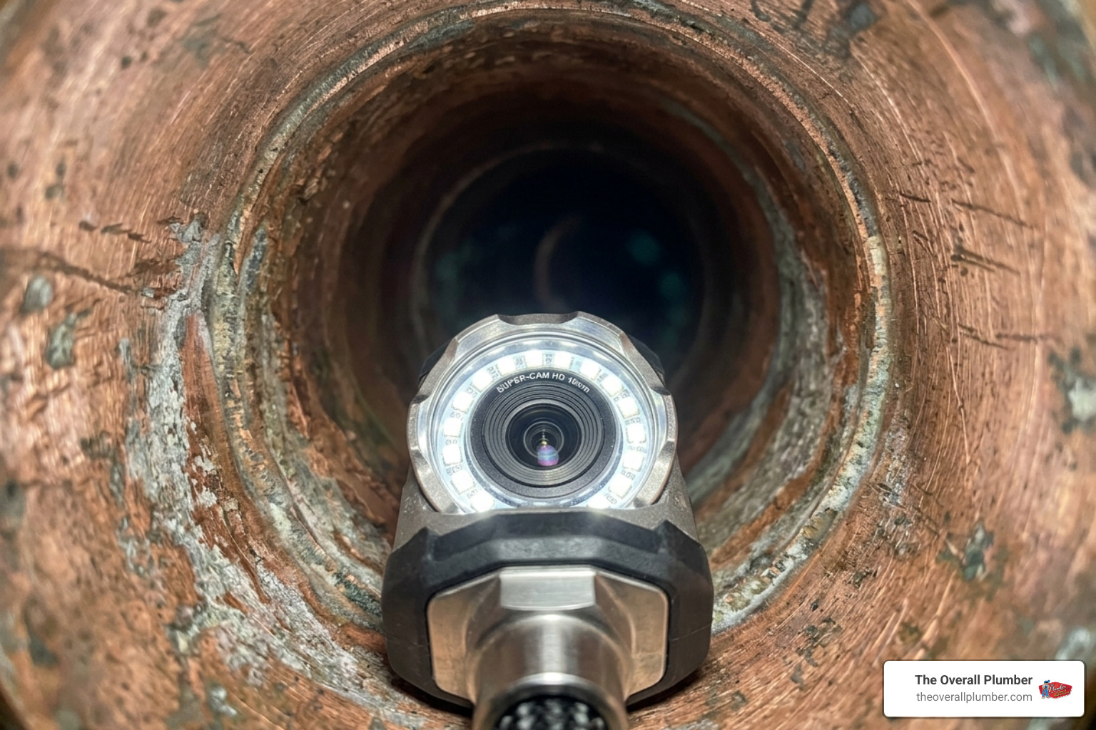 High-resolution camera head inside a copper pipe showing clear interior walls - mini camera inspection High-resolution camera head inside a copper pipe showing clear interior walls - mini camera inspection