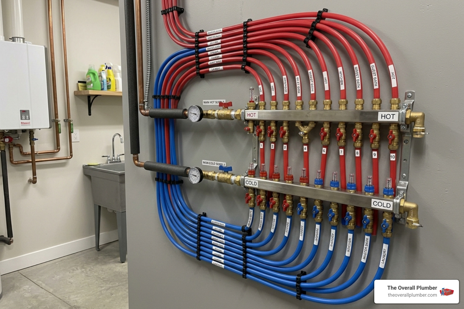 A professional PEX manifold system installed in a home utility area - average cost to repipe a house A professional PEX manifold system installed in a home utility area - average cost to repipe a house