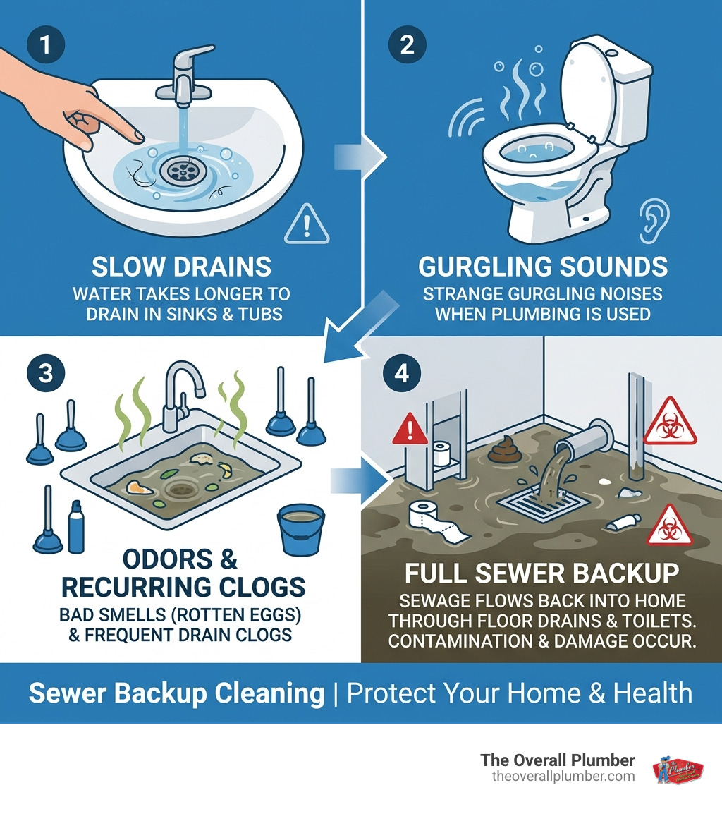 Infographic showing progression from slow drain to full sewer backup in a home - sewer backup cleaning league infographic Infographic showing progression from slow drain to full sewer backup in a home - sewer backup cleaning league infographic