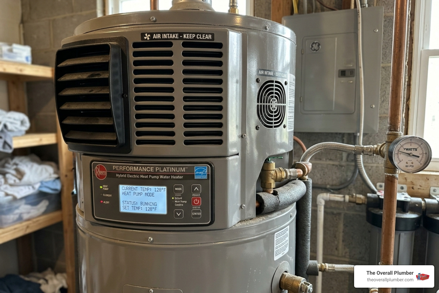Heat pump water heater showing air intake and digital controls - water heater installation Heat pump water heater showing air intake and digital controls - water heater installation