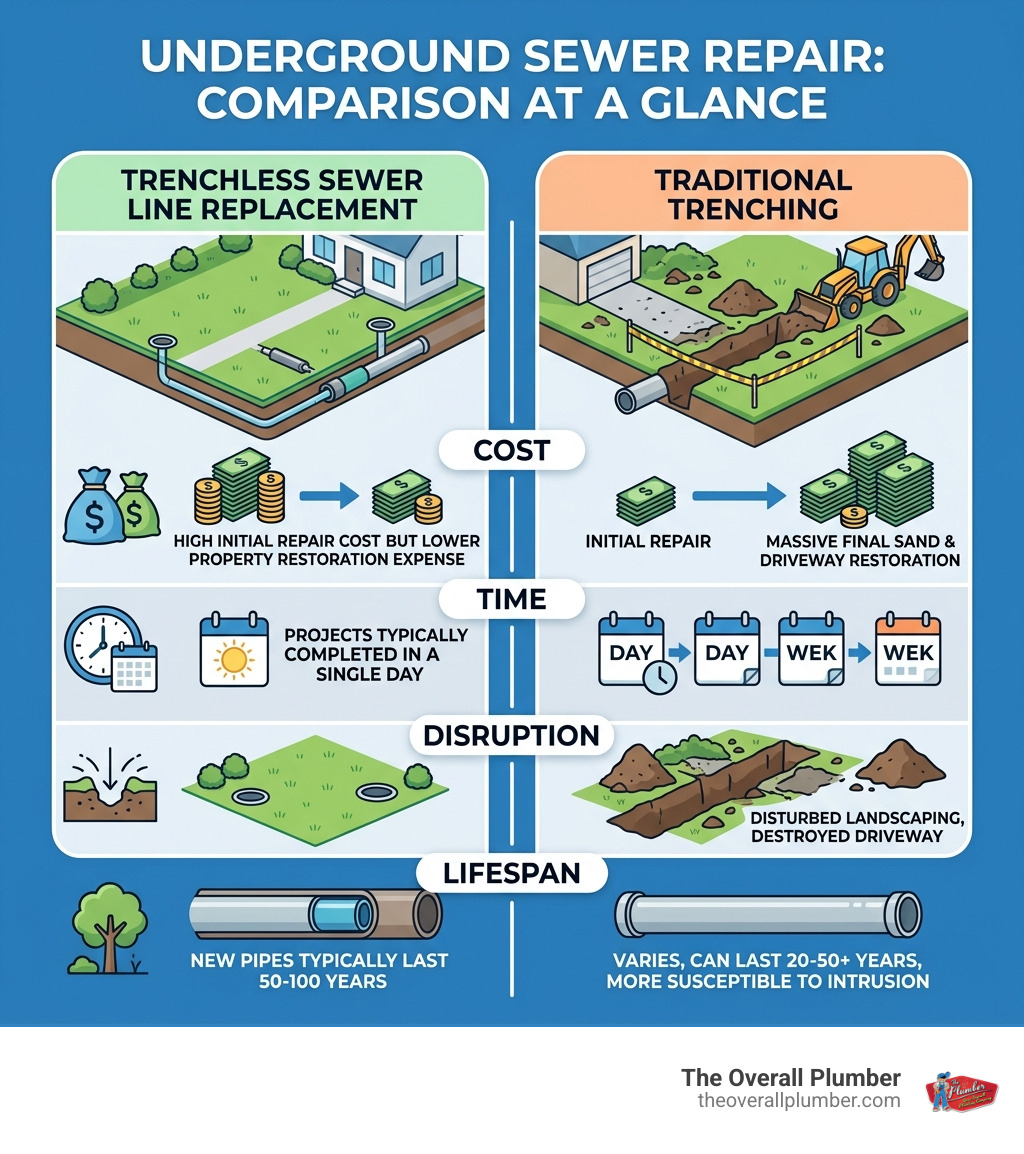Infographic showing trenchless sewer line replacement vs traditional trenching: cost, time, disruption, and lifespan Infographic showing trenchless sewer line replacement vs traditional trenching: cost, time, disruption, and lifespan