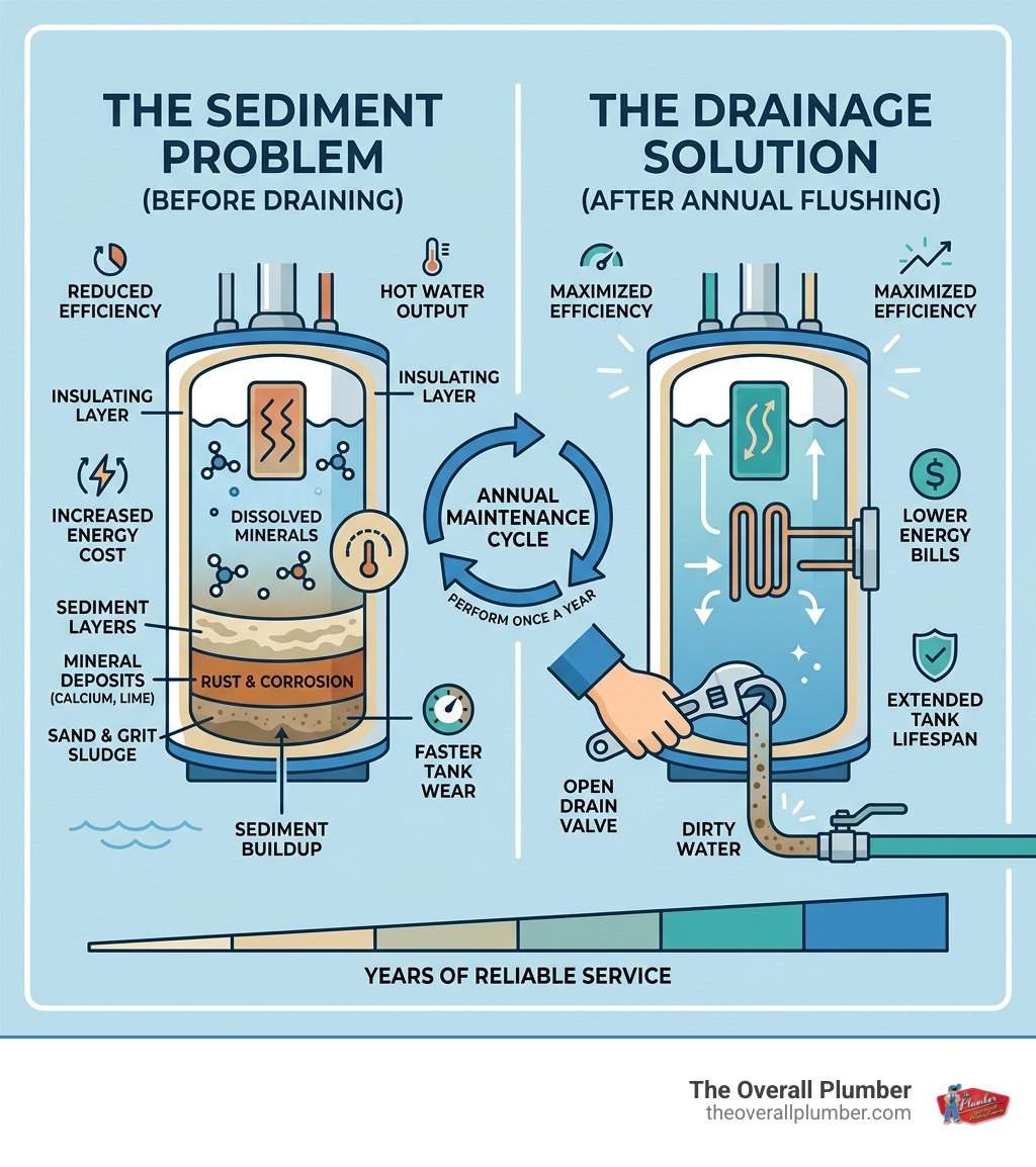 Infographic showing sediment layers in a water heater tank and how draining removes buildup annually - drain hot water tank Infographic showing sediment layers in a water heater tank and how draining removes buildup annually - drain hot water tank